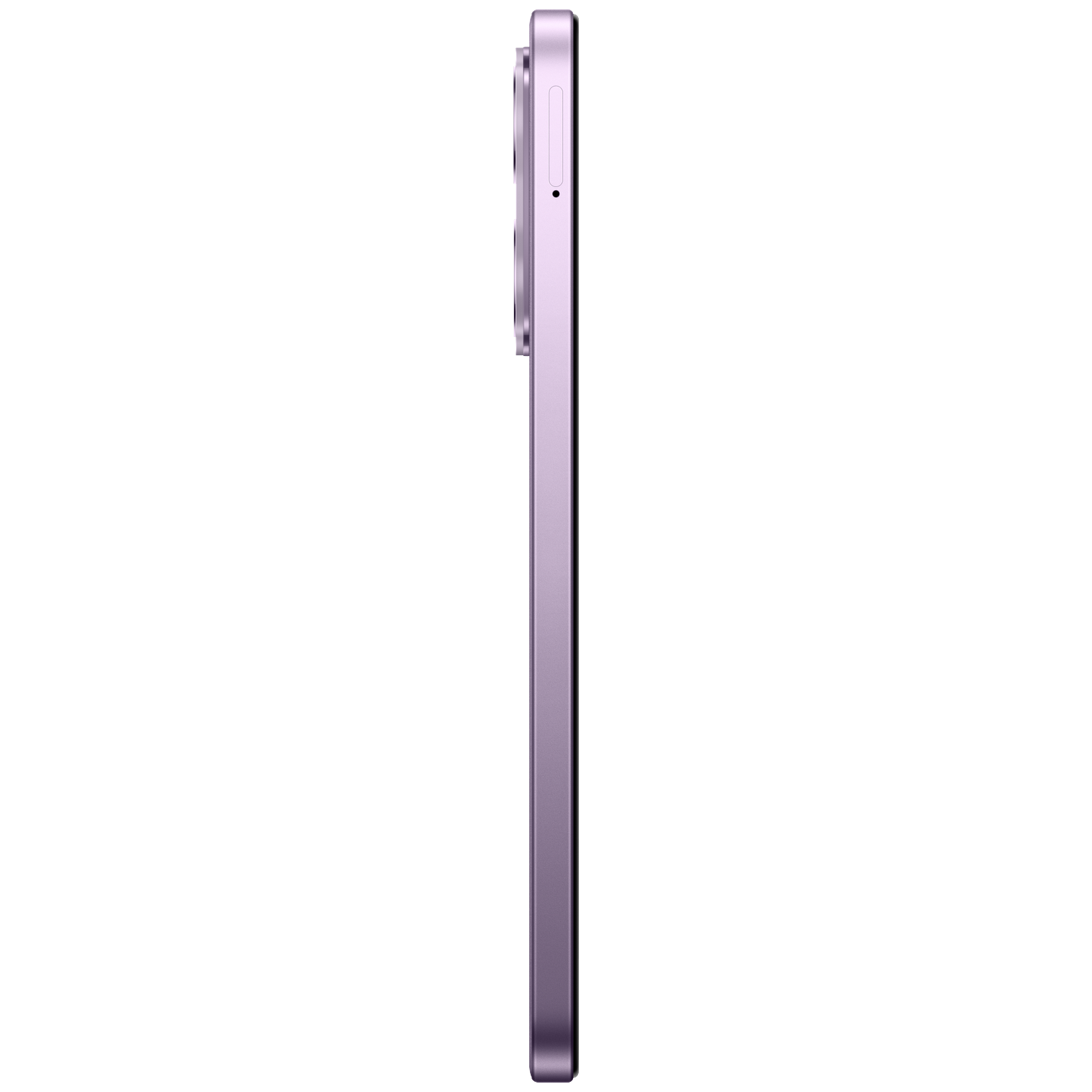 Side view of a slim purple smartphone showing camera module and side buttons against a black background.
