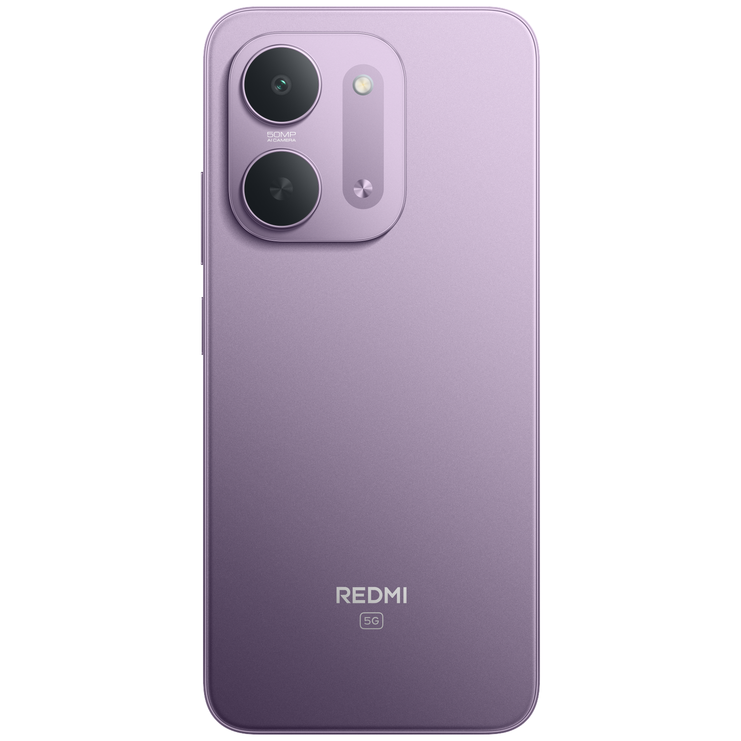 Back of a purple Redmi 5G smartphone with a dual camera module and Redmi logo on a black background.
