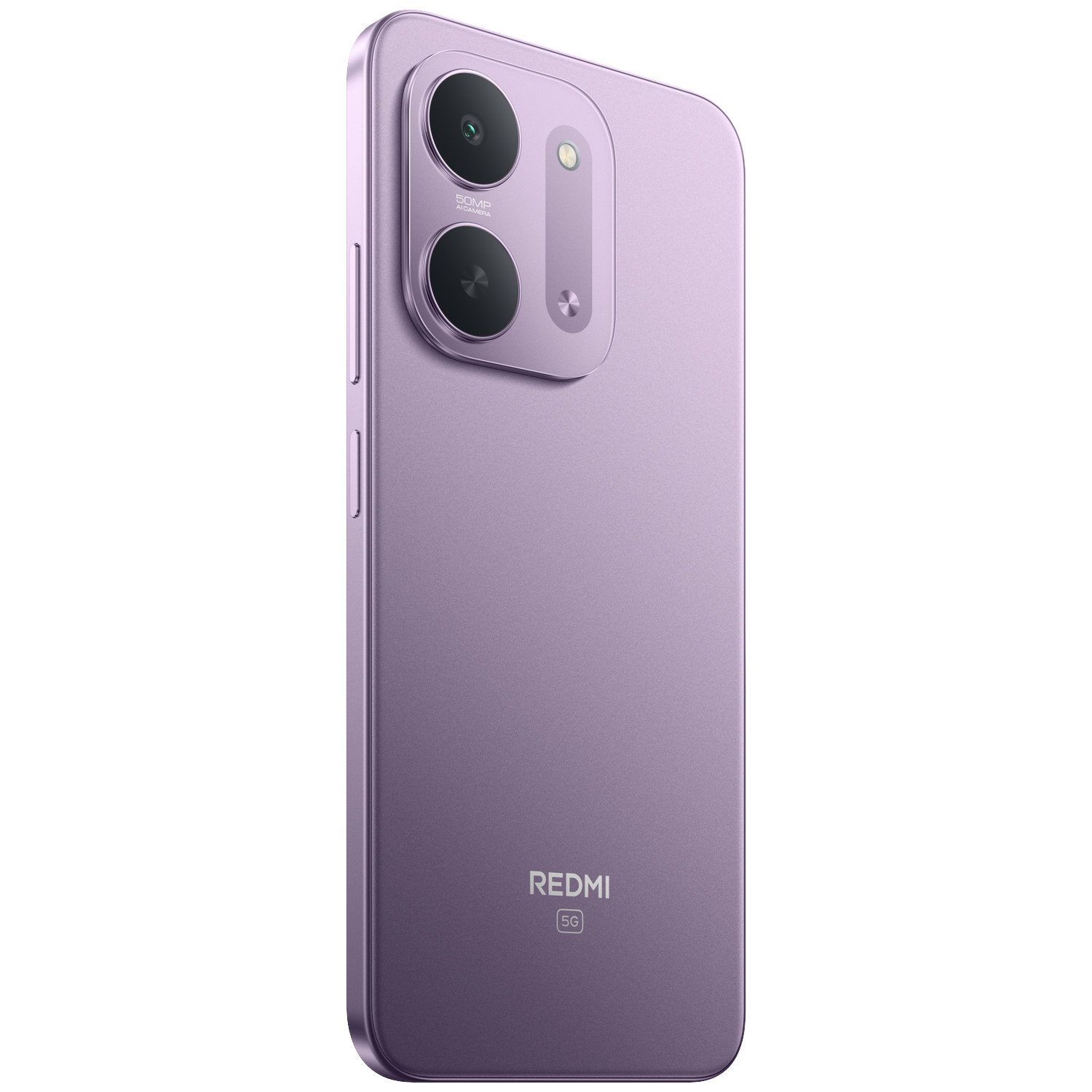 A light purple Redmi 5G smartphone is shown from the back against a black background, featuring a dual-camera module.