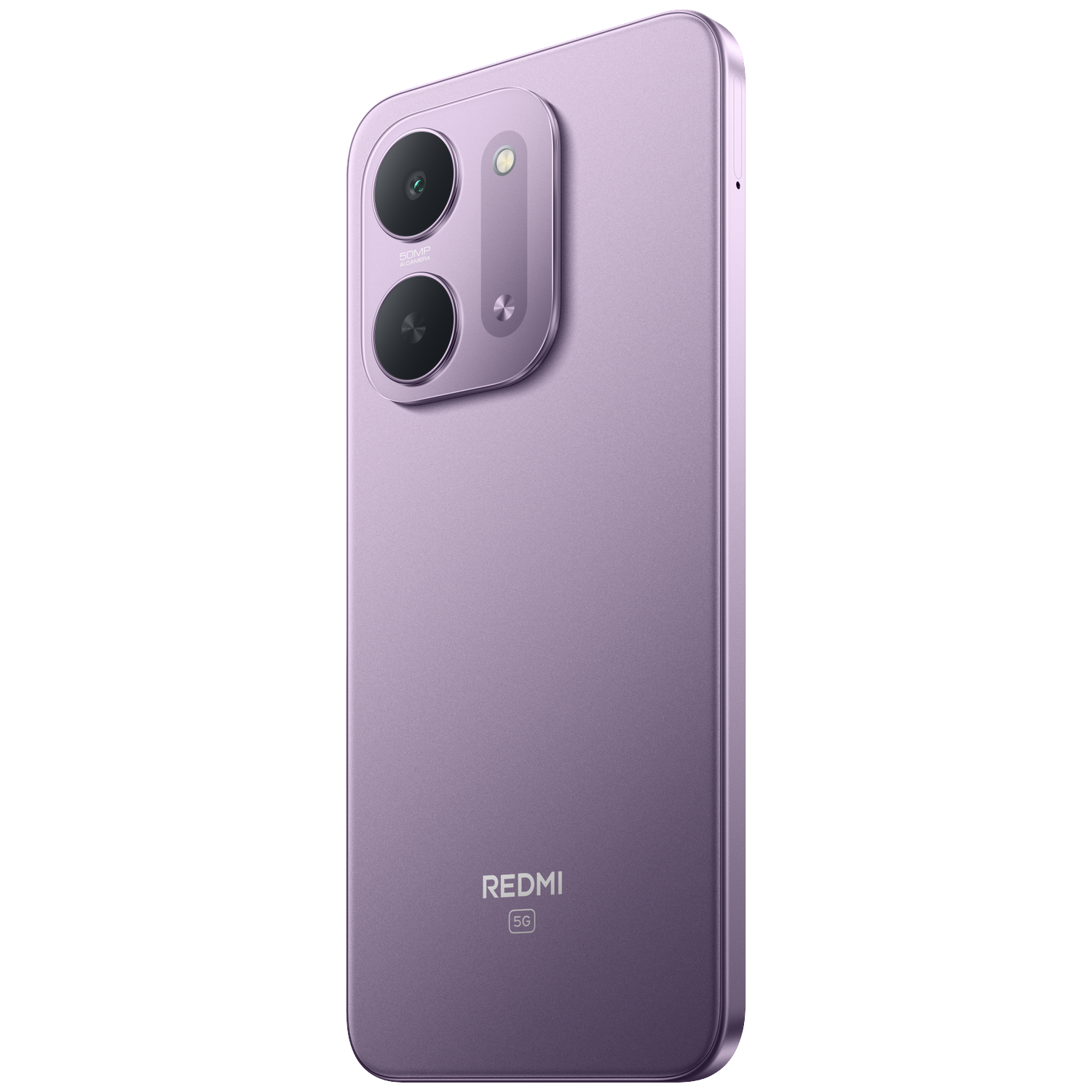 Back of a light purple Redmi 5G smartphone with two cameras against a black background.