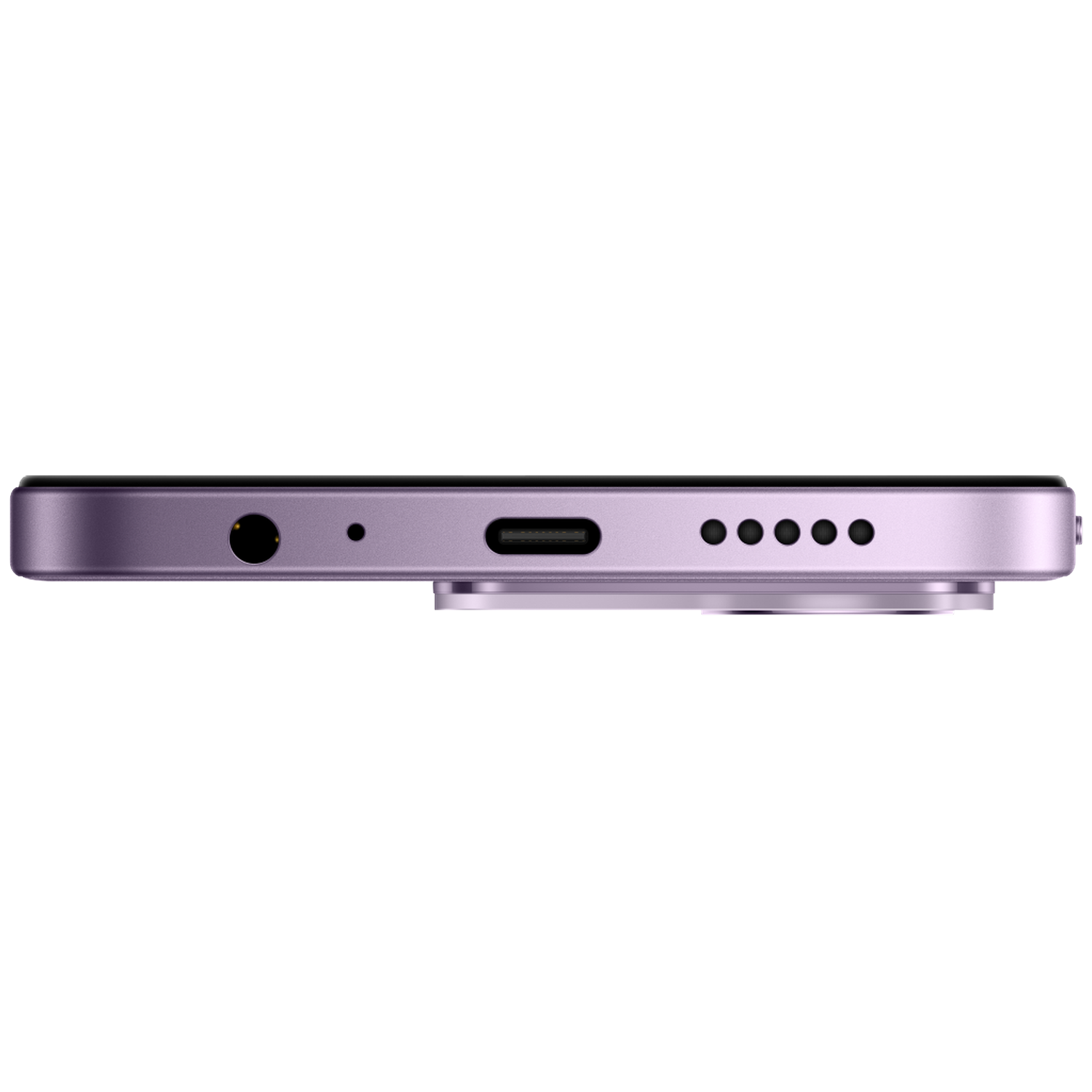 The bottom of a purple smartphone shows the headphone jack, microphone, USB-C port, and speaker grille.