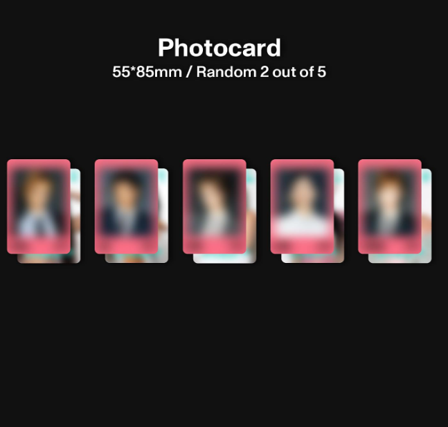 Fünf rosa verpixelte Fotokarten mit Maßen von 55x85mm auf schwarzem Hintergrund.