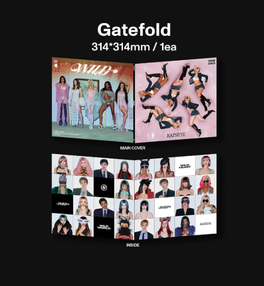 Geöffnetes Gatefold-Cover mit Fotos von fünf Frauen in verschiedenen stylischen Outfits vor weißem und pinkem Hintergrund.