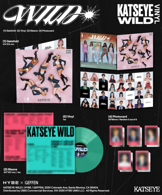 Produktanzeige des Katseye Wild Vinyl-Albums, Klappcover, Hülle und Fotokarten vor schwarzem Hintergrund.