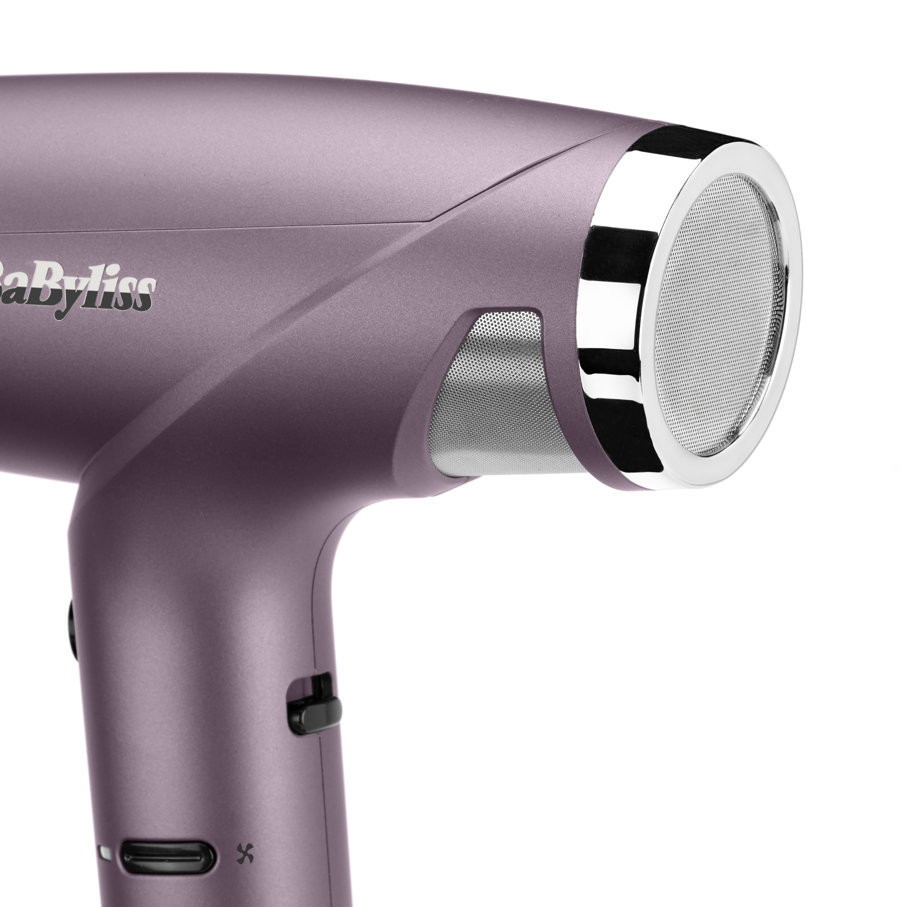 Ein lila BaByliss Haartrockner mit silbernen und verchromten Akzenten.