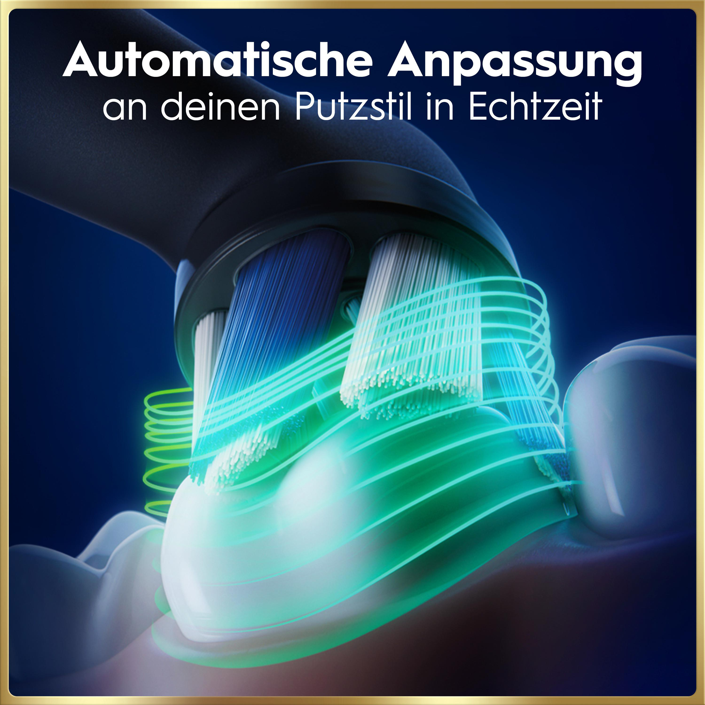 Eine Zahnbürste reinigt einen weißen Zahn, umgeben von grünem Licht und deutschem Text oben.