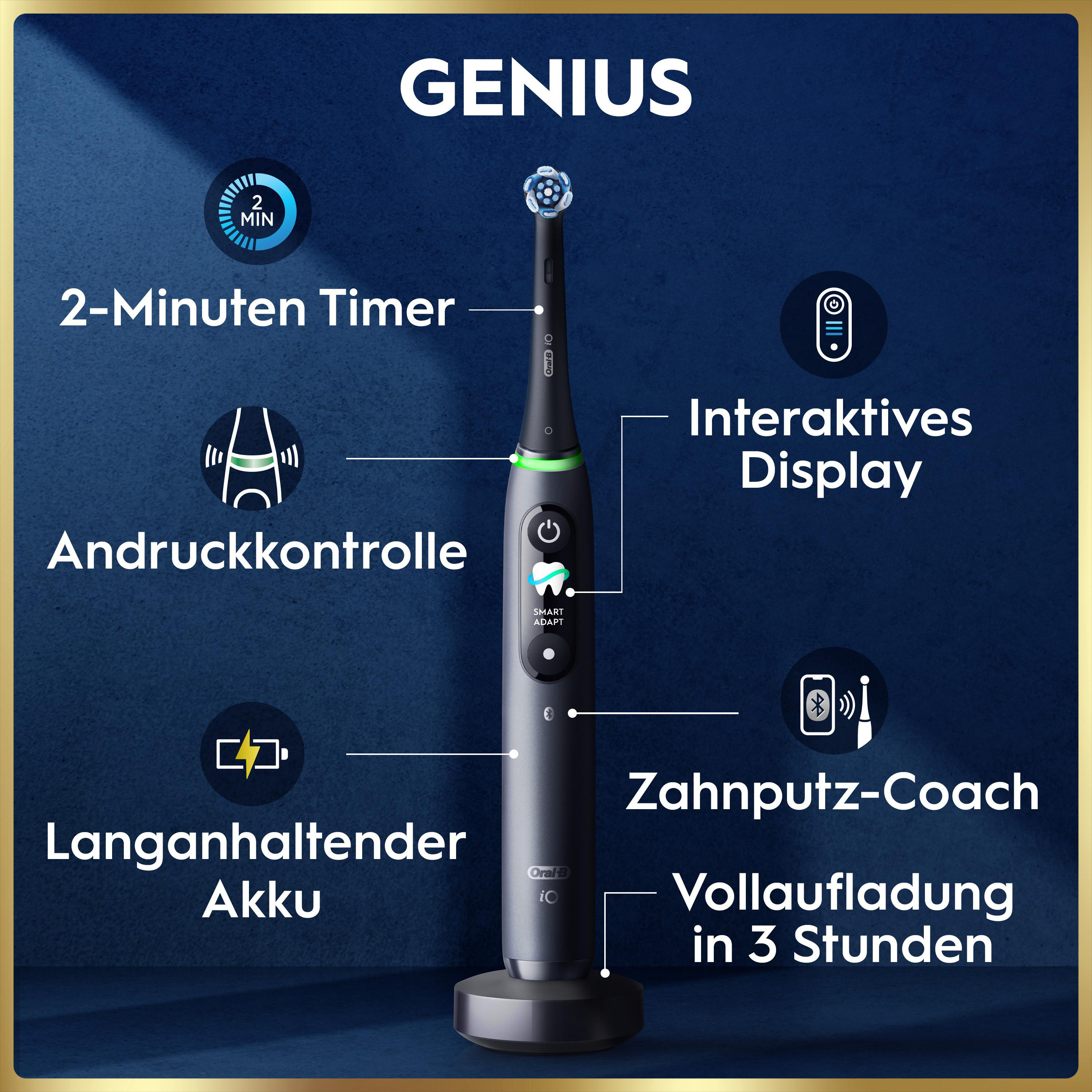 Oral-B Genius Zahnbürste mit Icons und Beschriftungen der Hauptfunktionen auf blauem Hintergrund.
