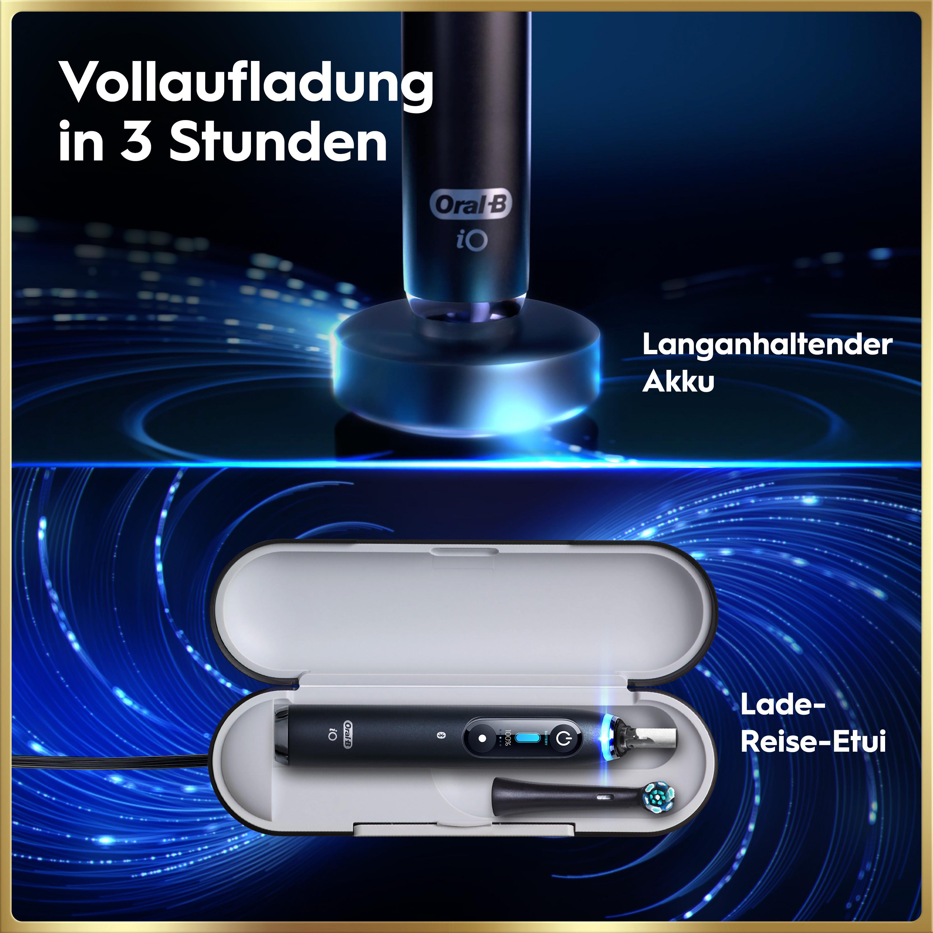 Oral-B iO Zahnbürste lädt in drei Stunden und hat ein Lade-Reise-Etui.
