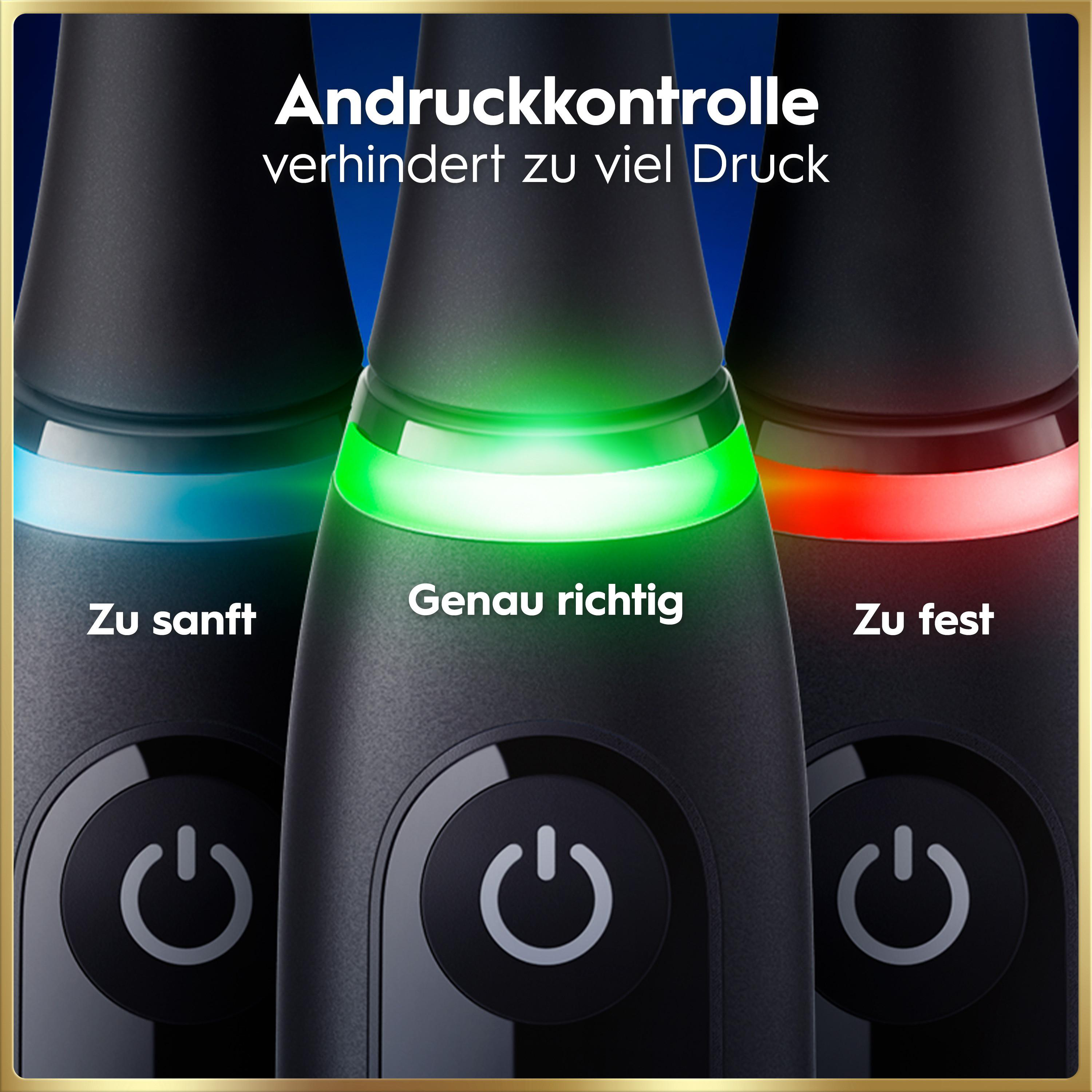 Drei schwarze Zahnbürsten mit Leuchtringen in Blau, Grün und Rot zeigen verschiedene Druckstufen an.