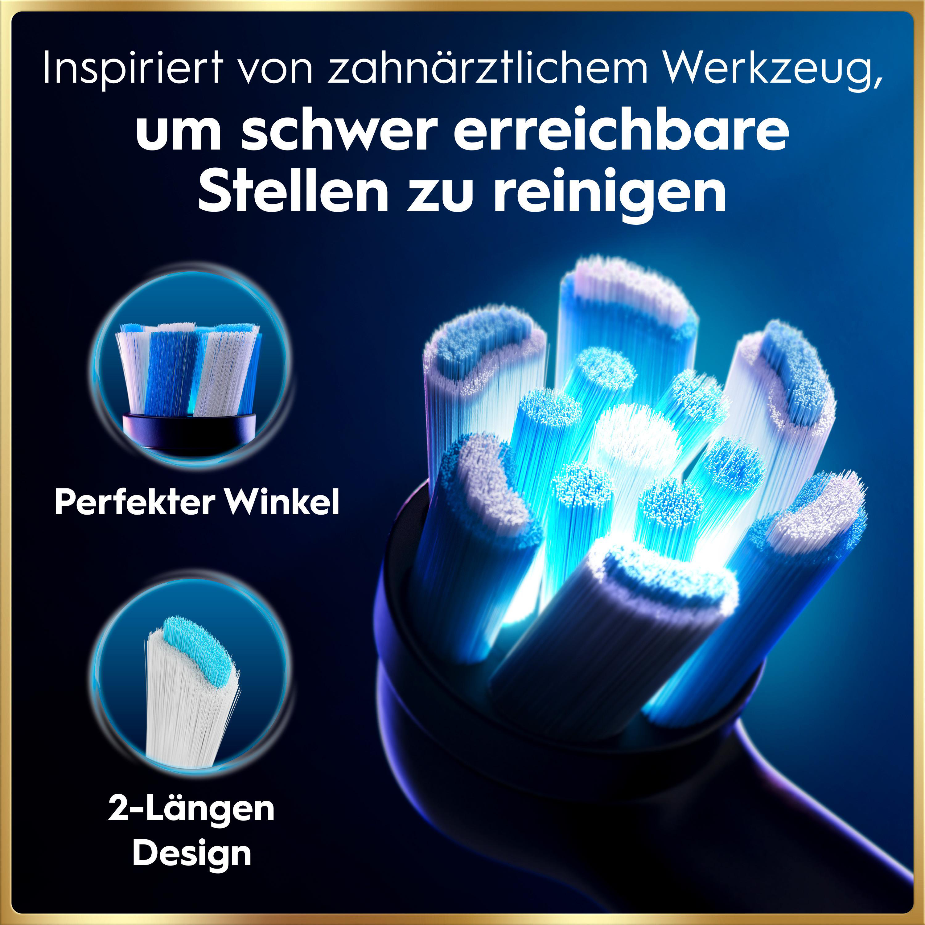 Blaue Zahnbürstenköpfe mit speziellen Winkeln und Borstenlängen auf blauem Hintergrund mit Text.