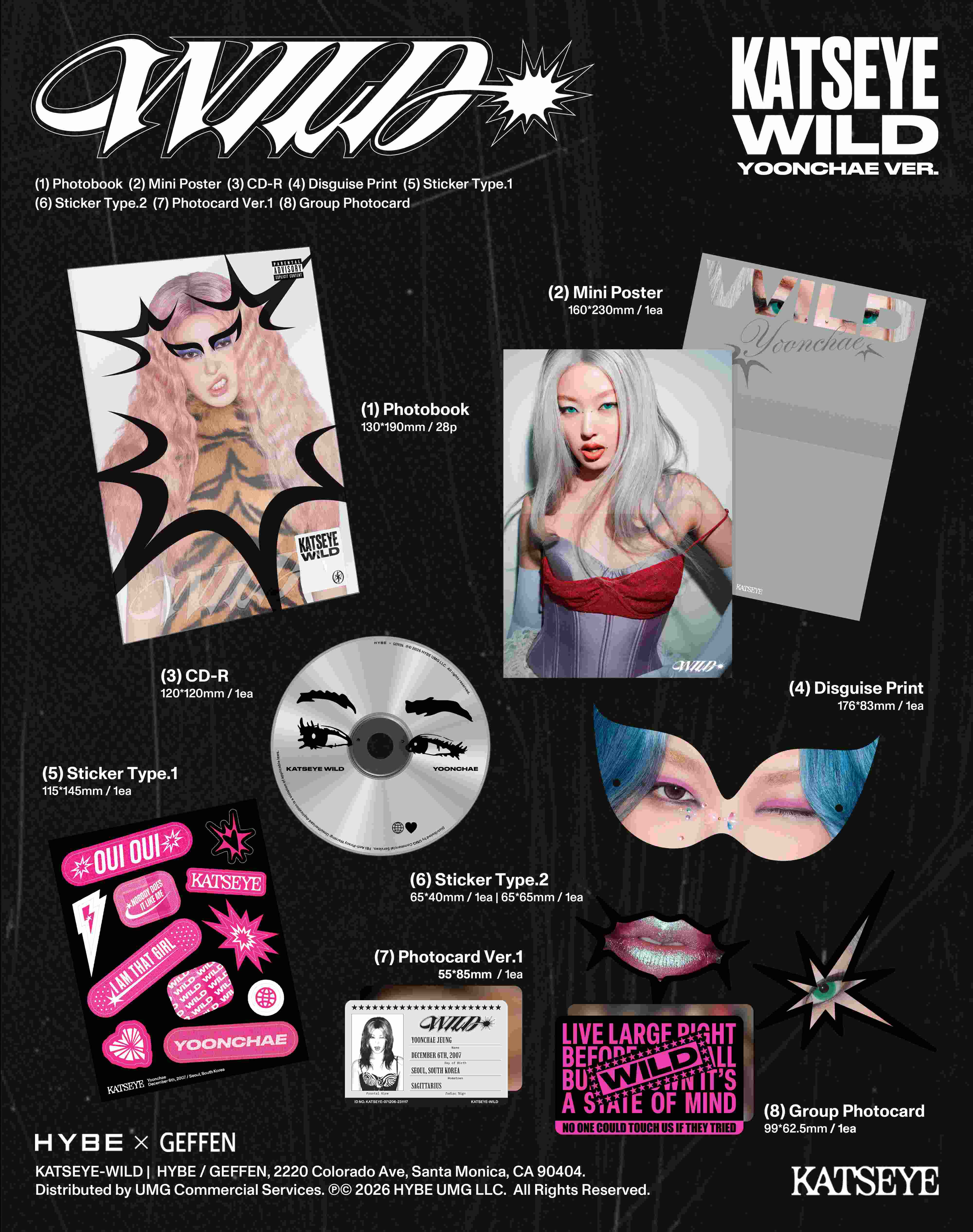 Katseye Wild Album-Inhalt mit Fotobuch, Mini-Poster, CD, Verkleidungsdruck, Aufklebern und Fotokarten.