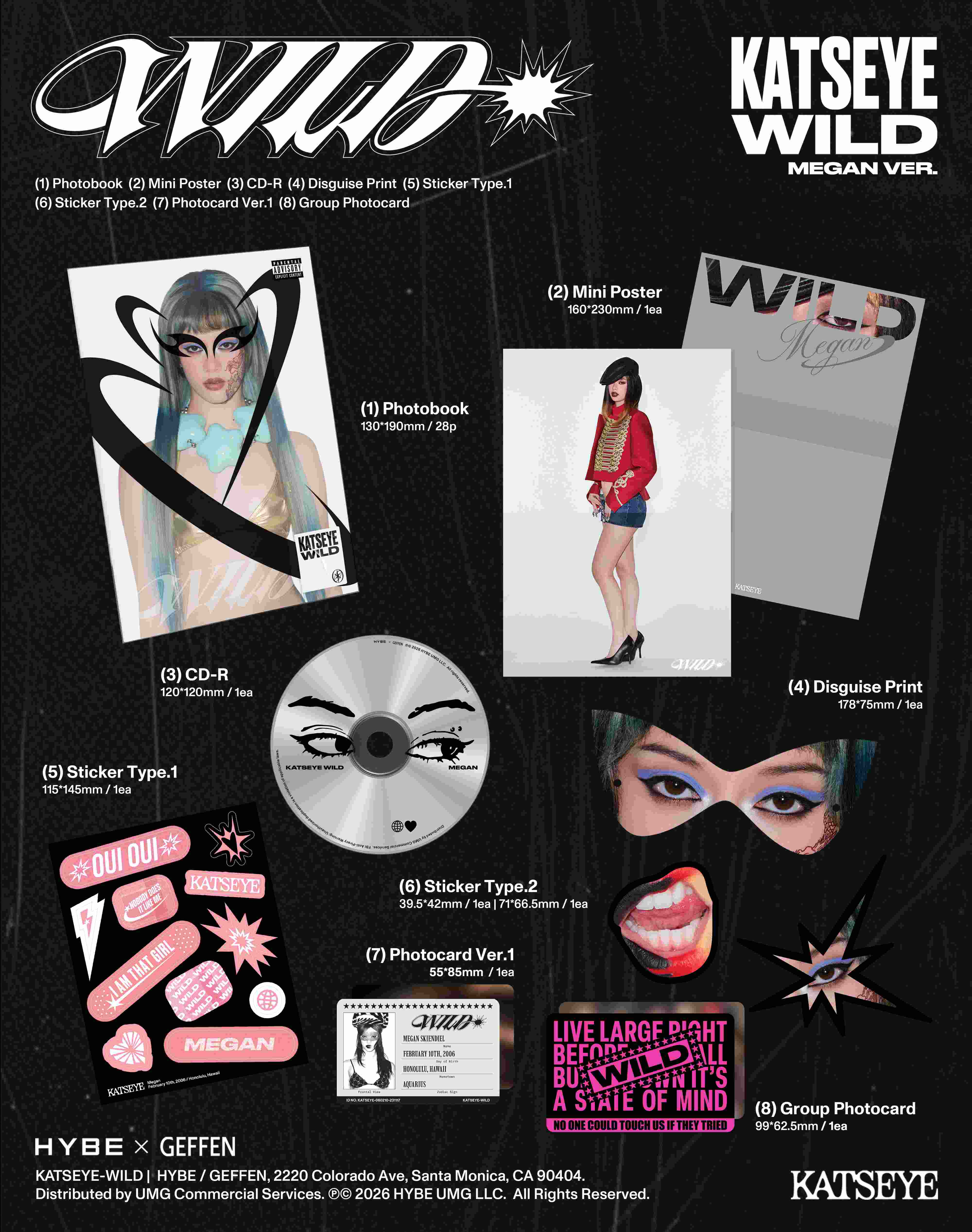 Katseye Wild Megan Album-Inhalt mit Fotobuch, Poster, CD, Stickern und Fotokarten.
