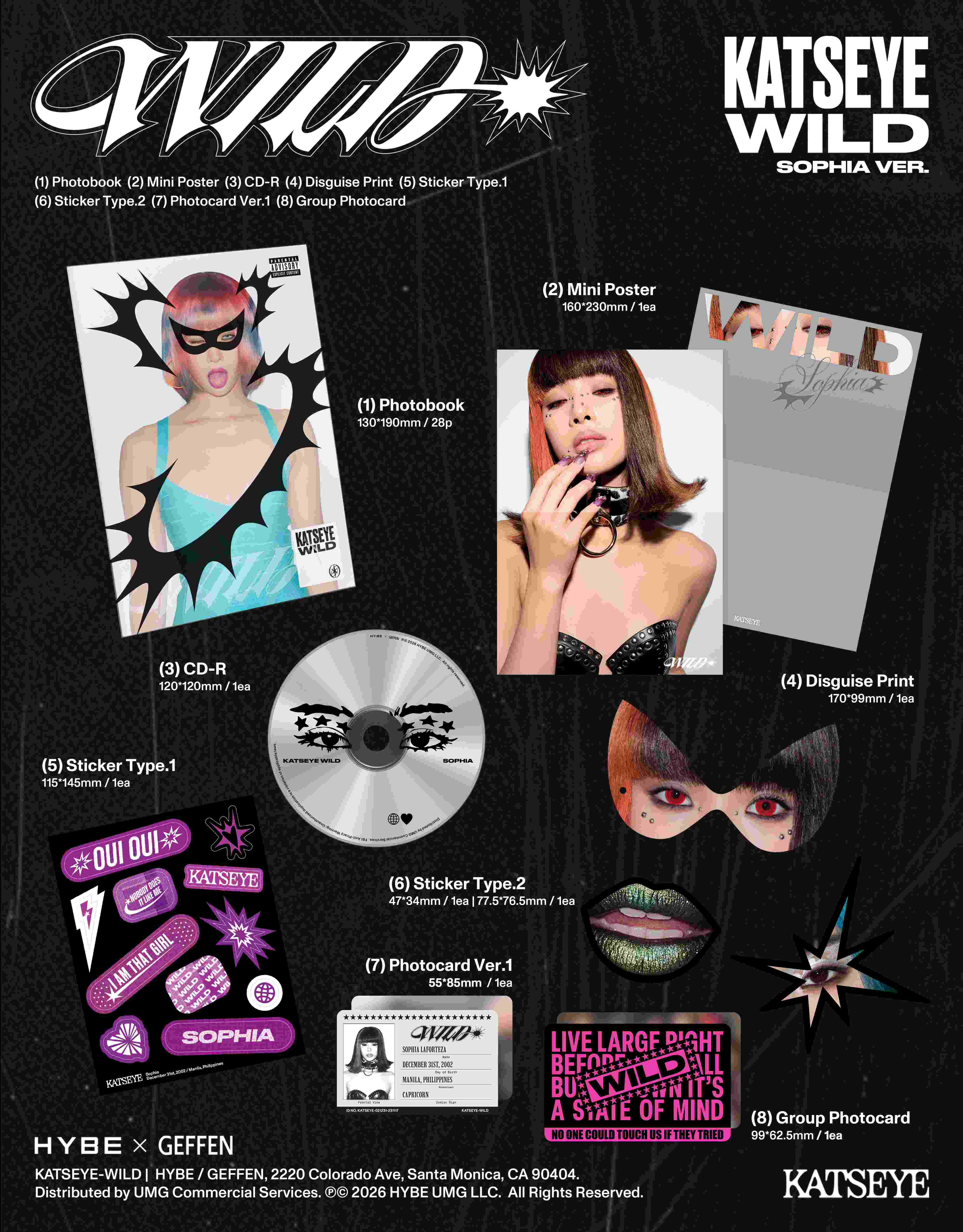 Album-Inhaltsübersicht von Katseye Wild mit Fotobuch, Poster, CD, Maske, Stickern und Fotokarten.