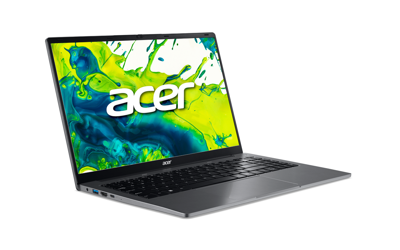Ein silberner Acer Laptop mit blau-grünem Farbverlauf auf dem Bildschirm, isoliert auf schwarzem Hintergrund.