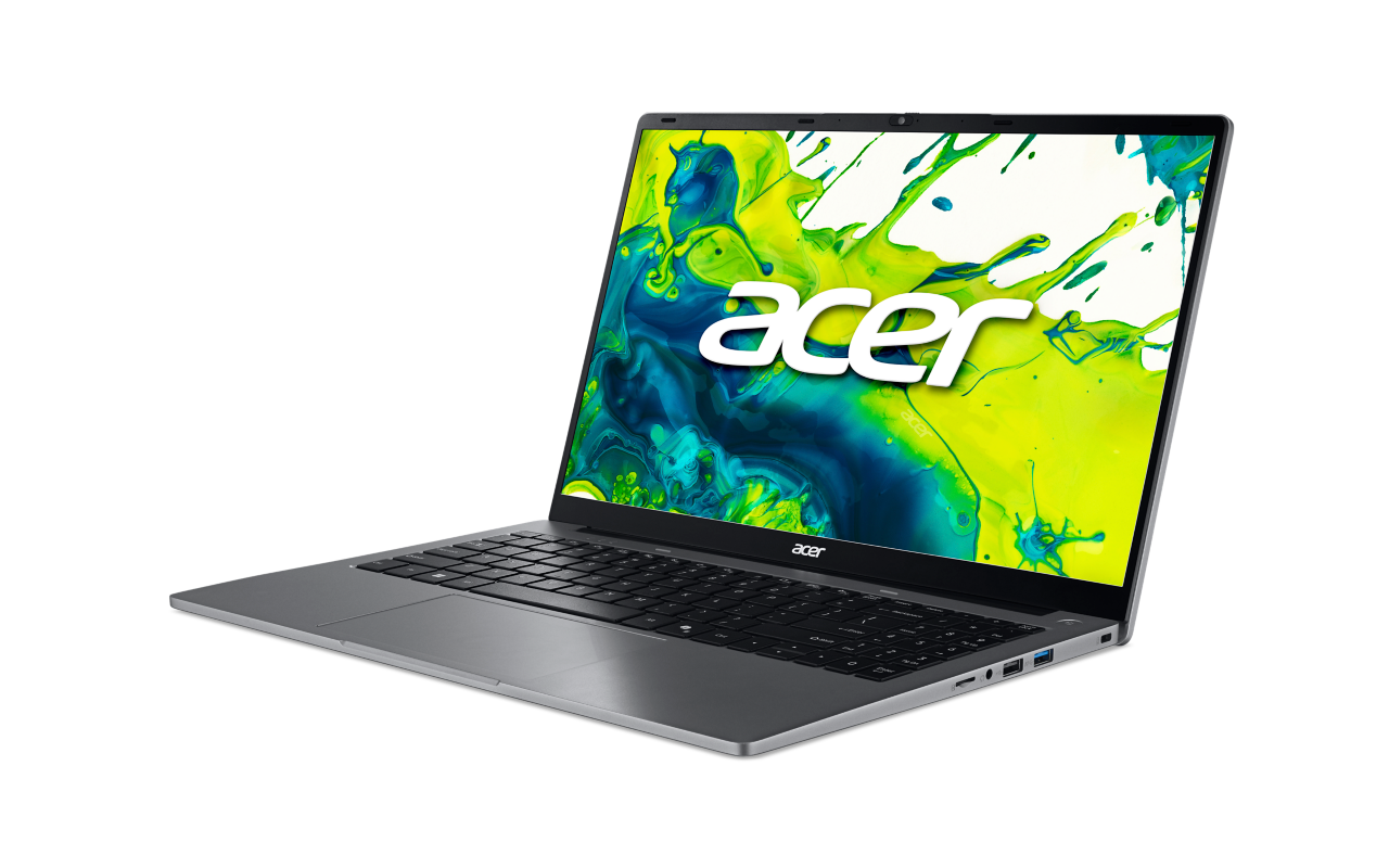 Ein silberner Acer-Laptop zeigt einen bunten grünen und blauen Hintergrund auf dem Bildschirm vor schwarzem Hintergrund.
