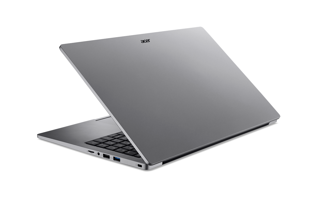 Ein silberner Acer-Laptop ist halb geöffnet vor schwarzem Hintergrund.