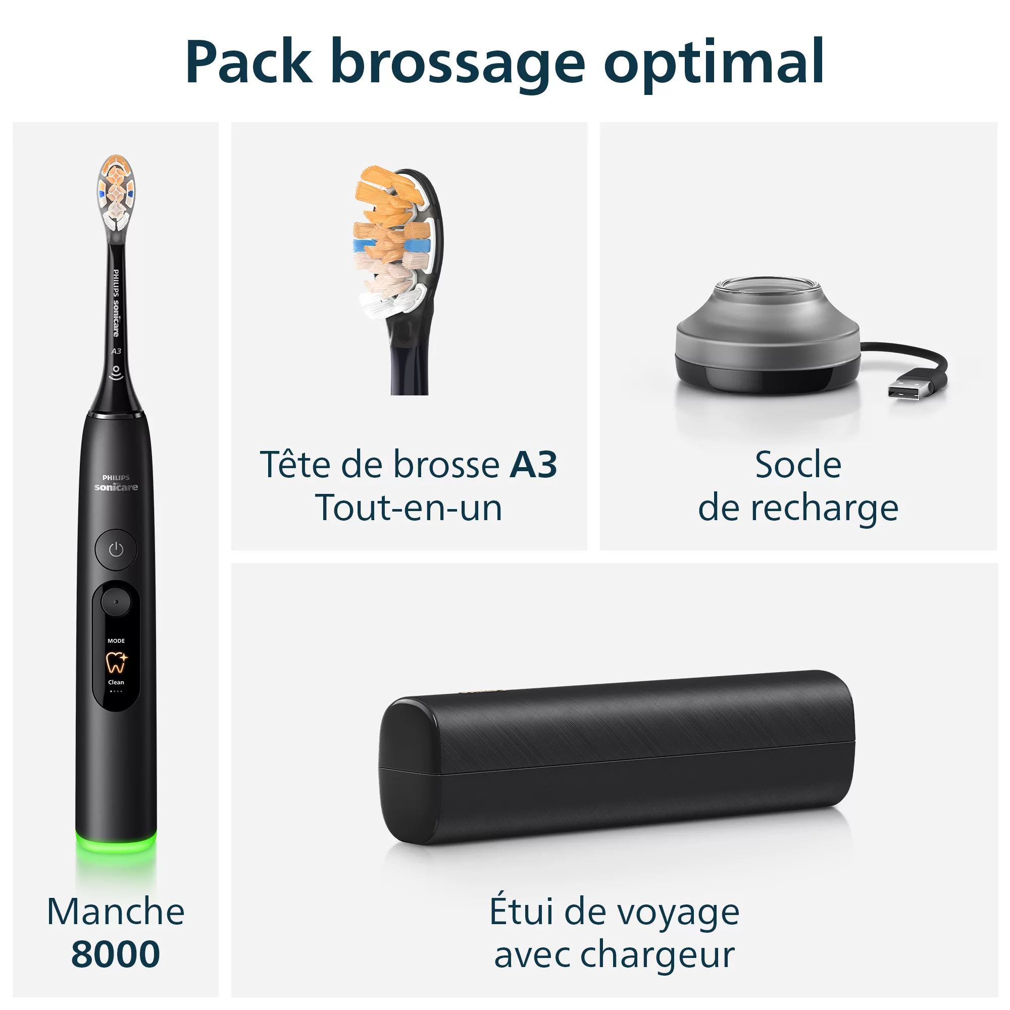 Philips Sonicare 8000 Zahnbürstenset mit Griff, A3 Bürstenkopf, Ladestation und Reiseetui.