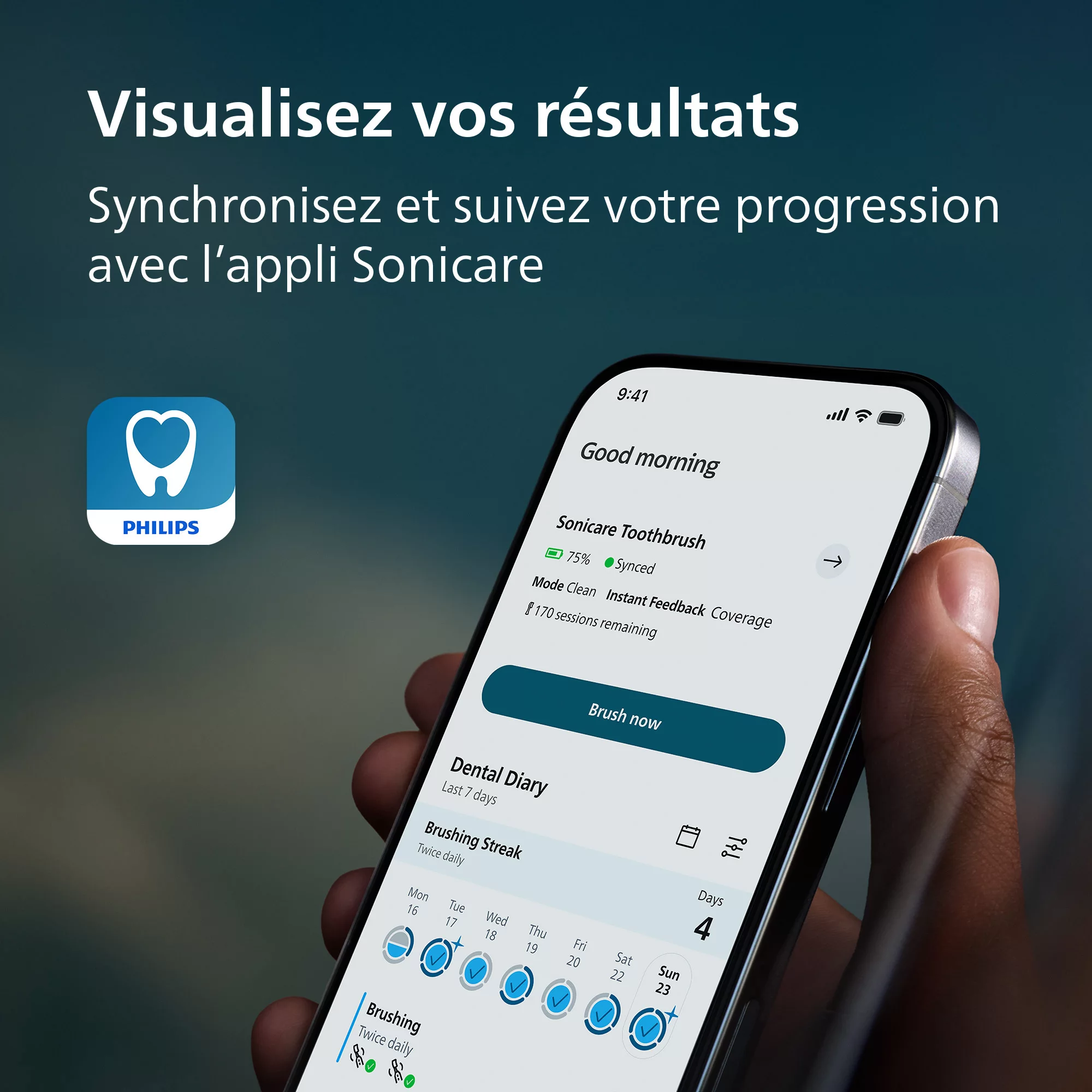 Smartphone zeigt die Philips Sonicace App mit Zahnbürstenstatus und Kalender.