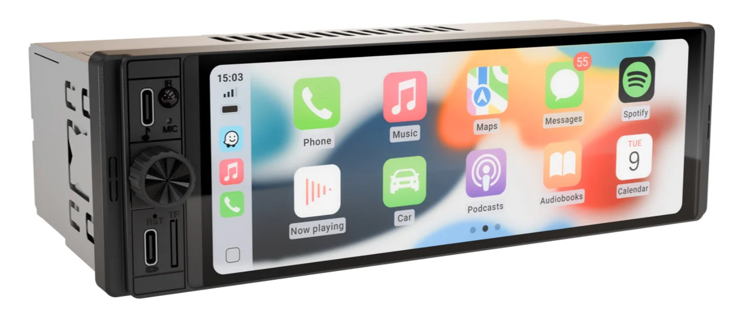 Radio samochodowe z ekranem dotykowym wyświetla ikony aplikacji, takie jak telefon, muzyka i mapy.