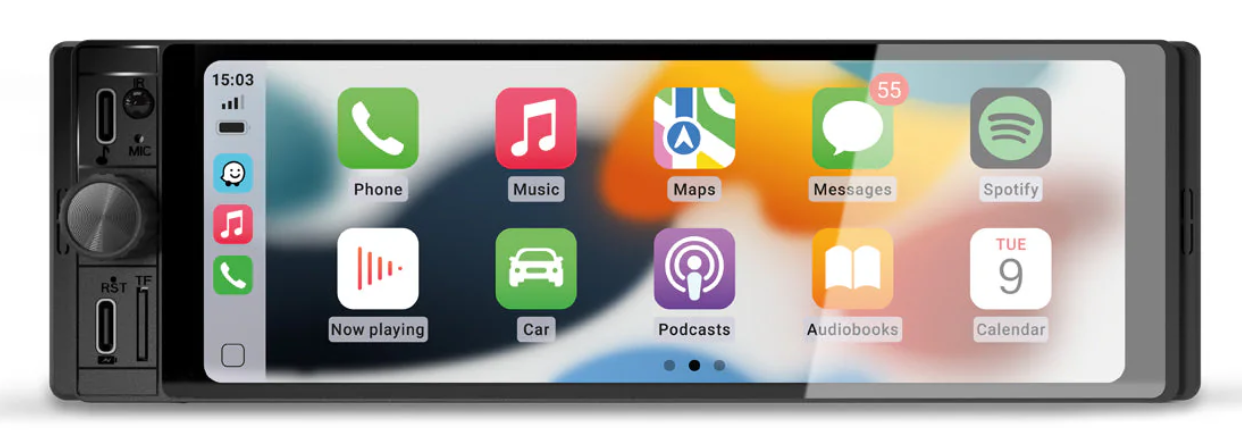 Radio samochodowe z ekranem dotykowym i aplikacjami takimi jak telefon i muzyka.