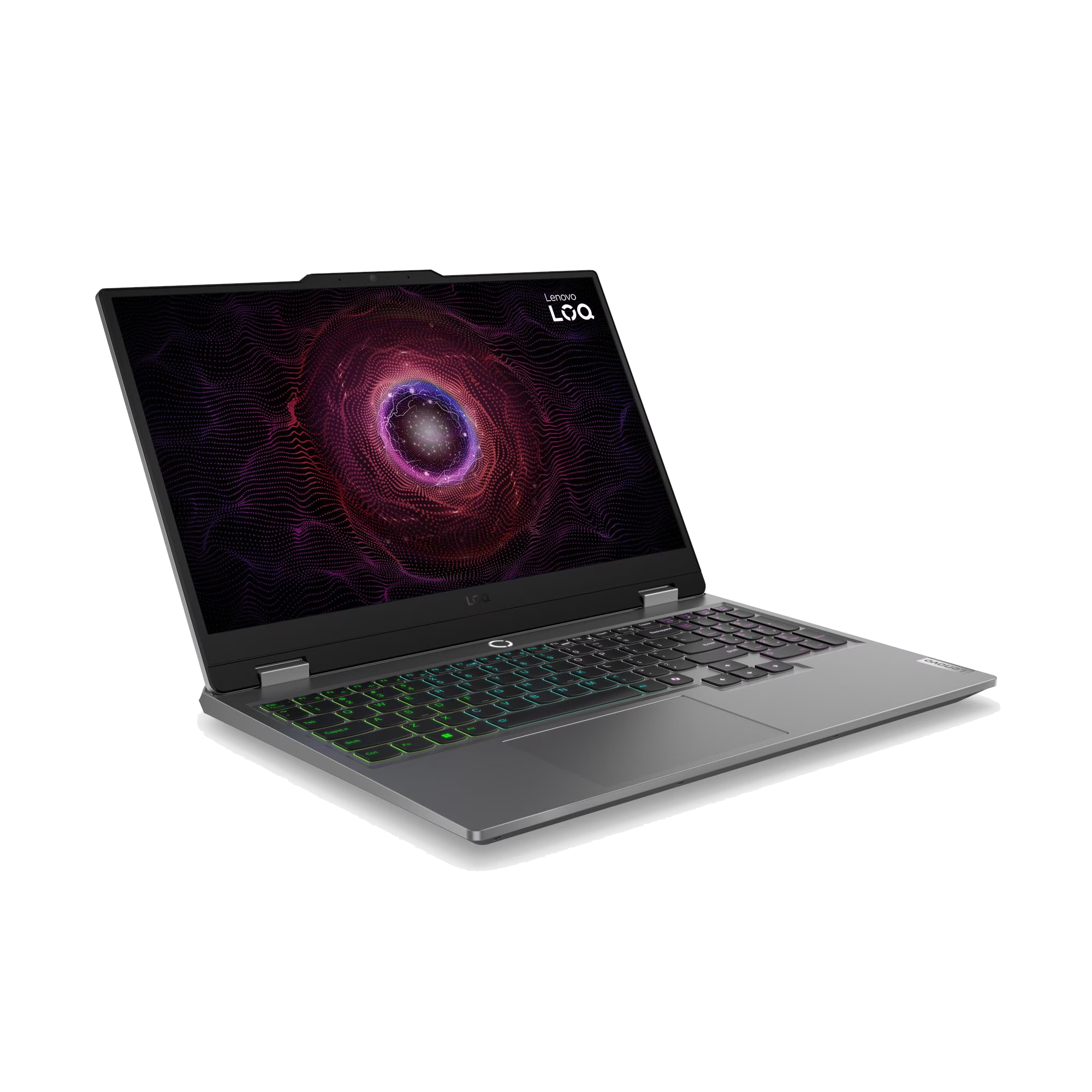 Portátil gris Lenovo LOQ con teclado retroiluminado y pantalla de vórtice colorida sobre fondo negro.