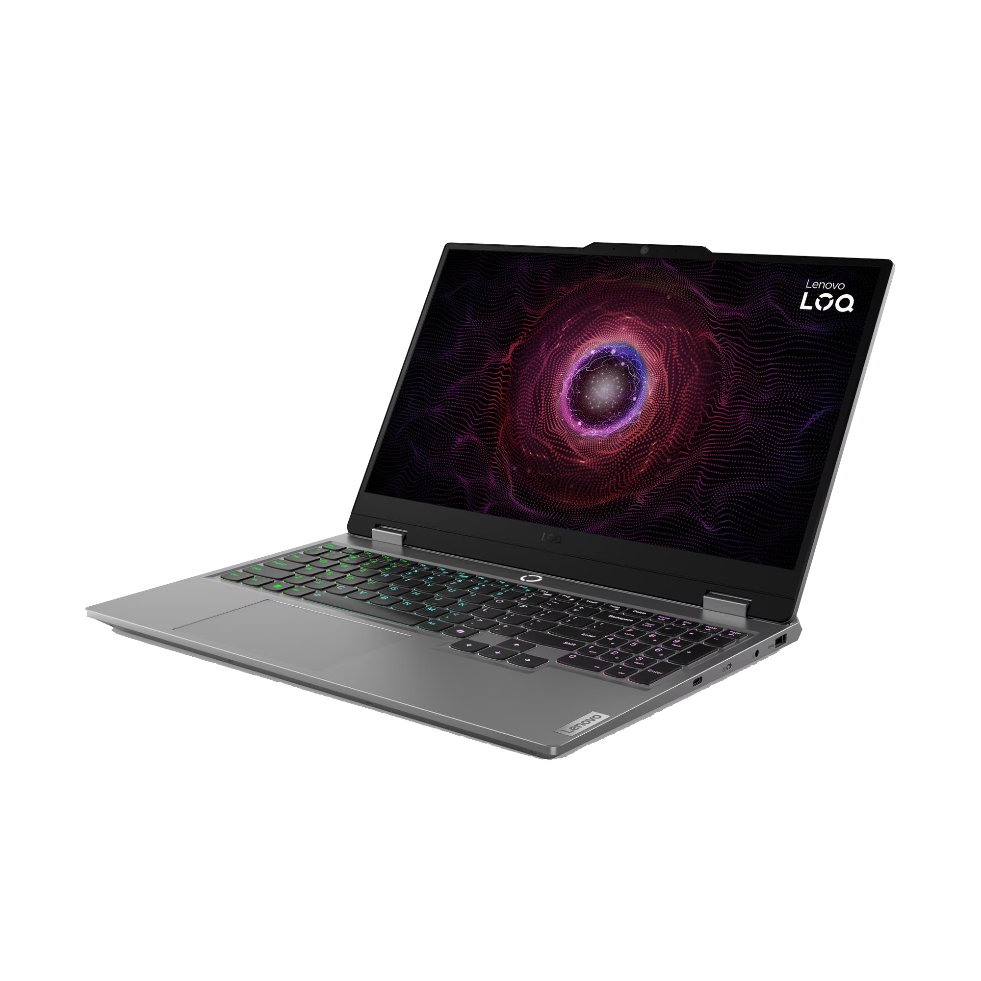 Un ordenador portátil Lenovo LOQ plateado con teclado retroiluminado y un patrón abstracto de remolino rojo en la pantalla.