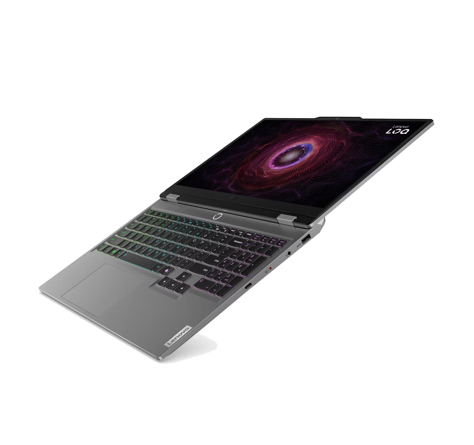 Un portátil plateado Lenovo LOQ con teclado retroiluminado y un fondo de pantalla abstracto.