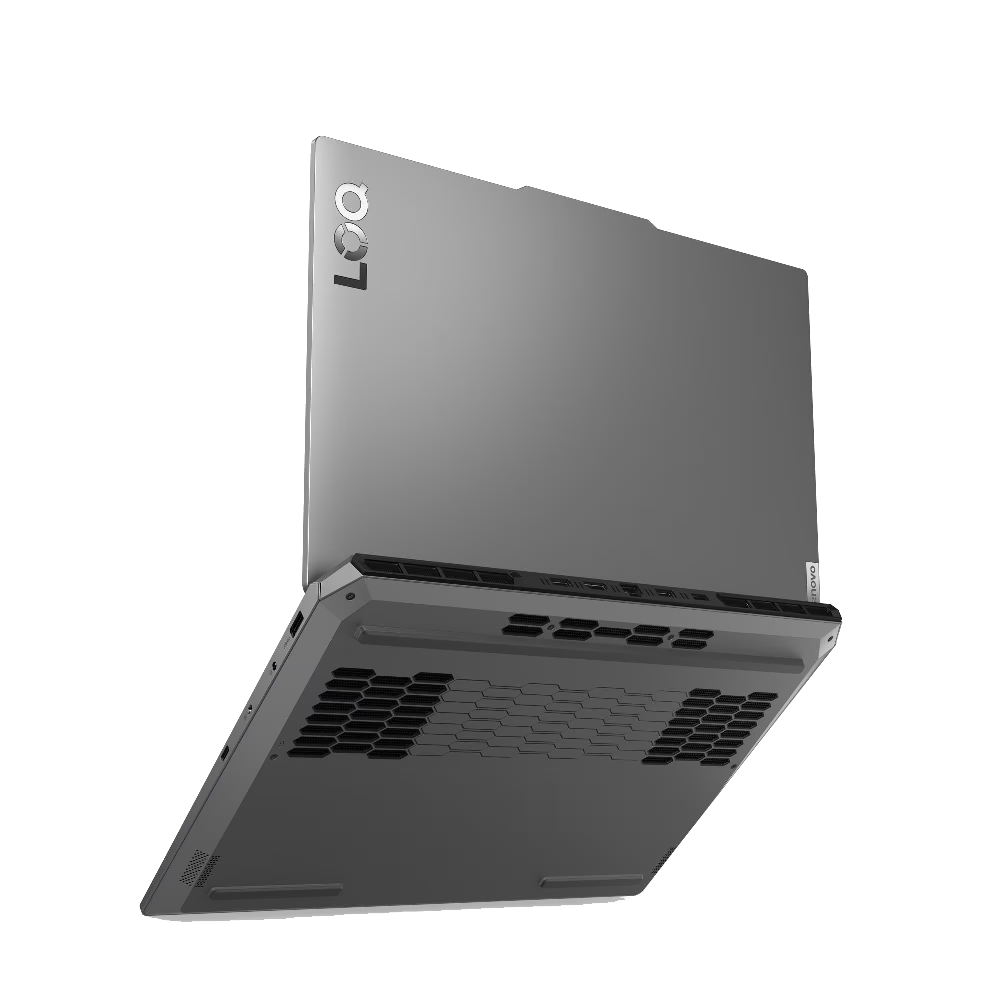 Portátil gris Lenovo LOQ visto desde atrás sobre fondo negro.