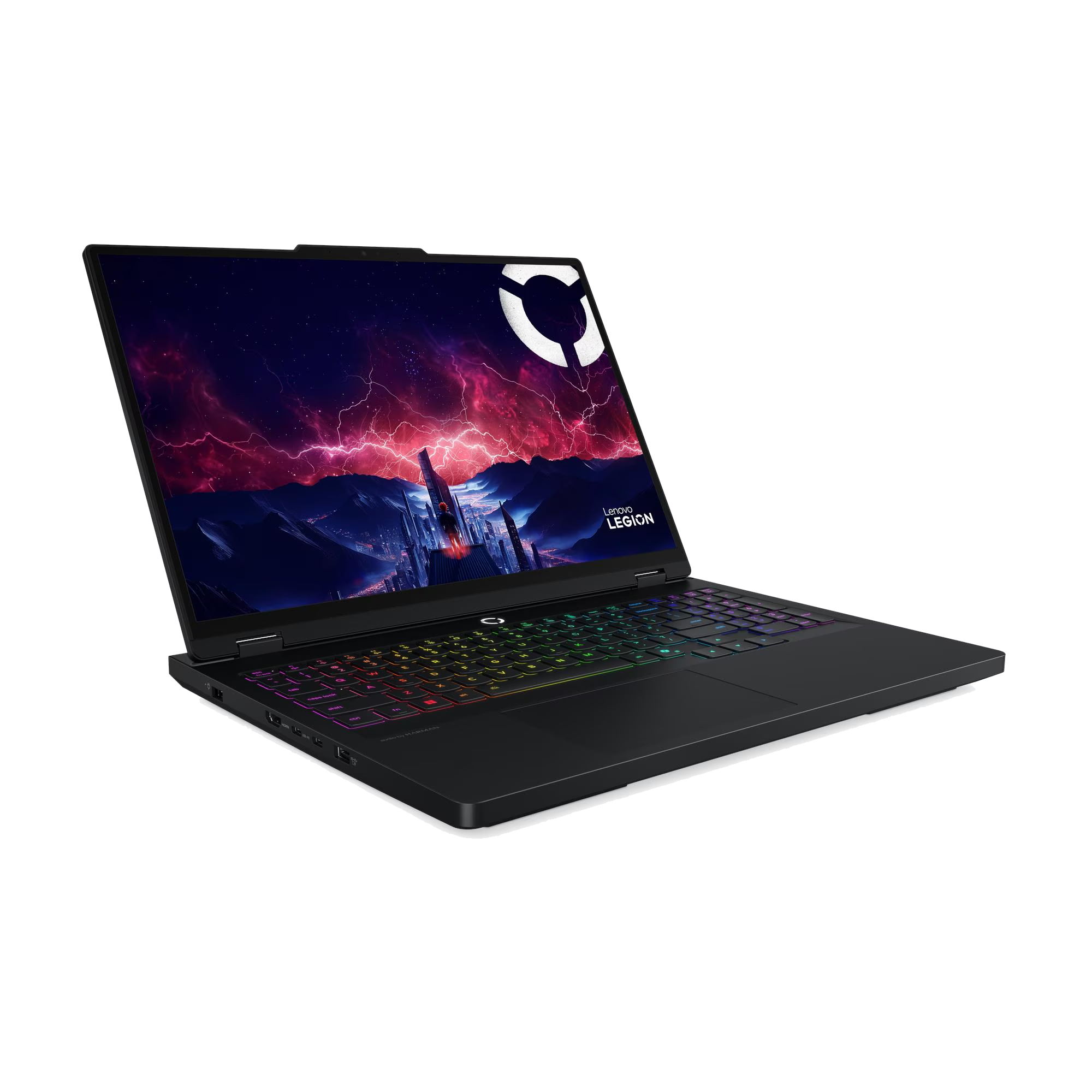 Un portátil negro Lenovo Legion con retroiluminación RGB en el teclado muestra un fondo colorido.