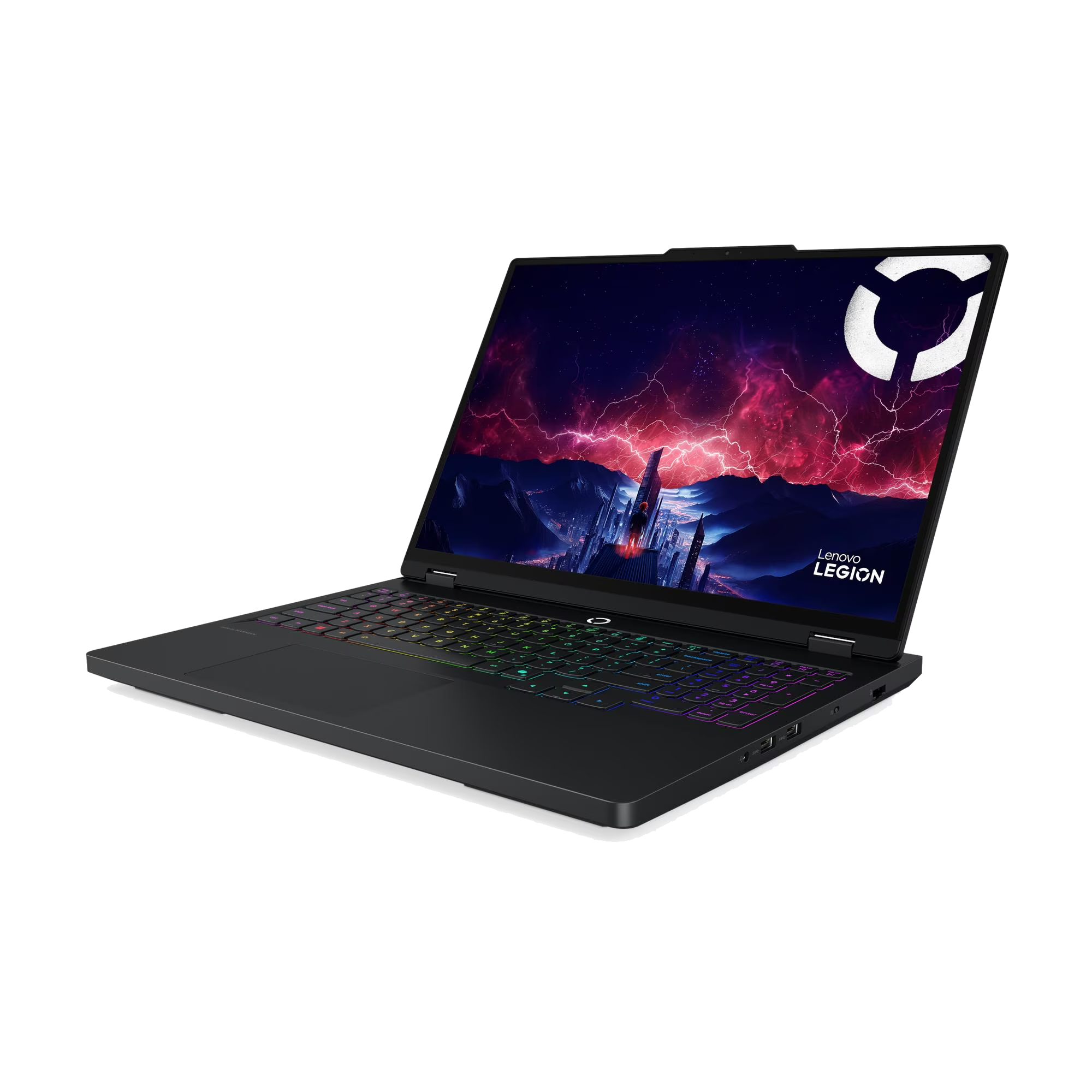 Un ordenador portátil gaming Lenovo Legion negro sobre fondo negro, con un fondo de pantalla cósmico.