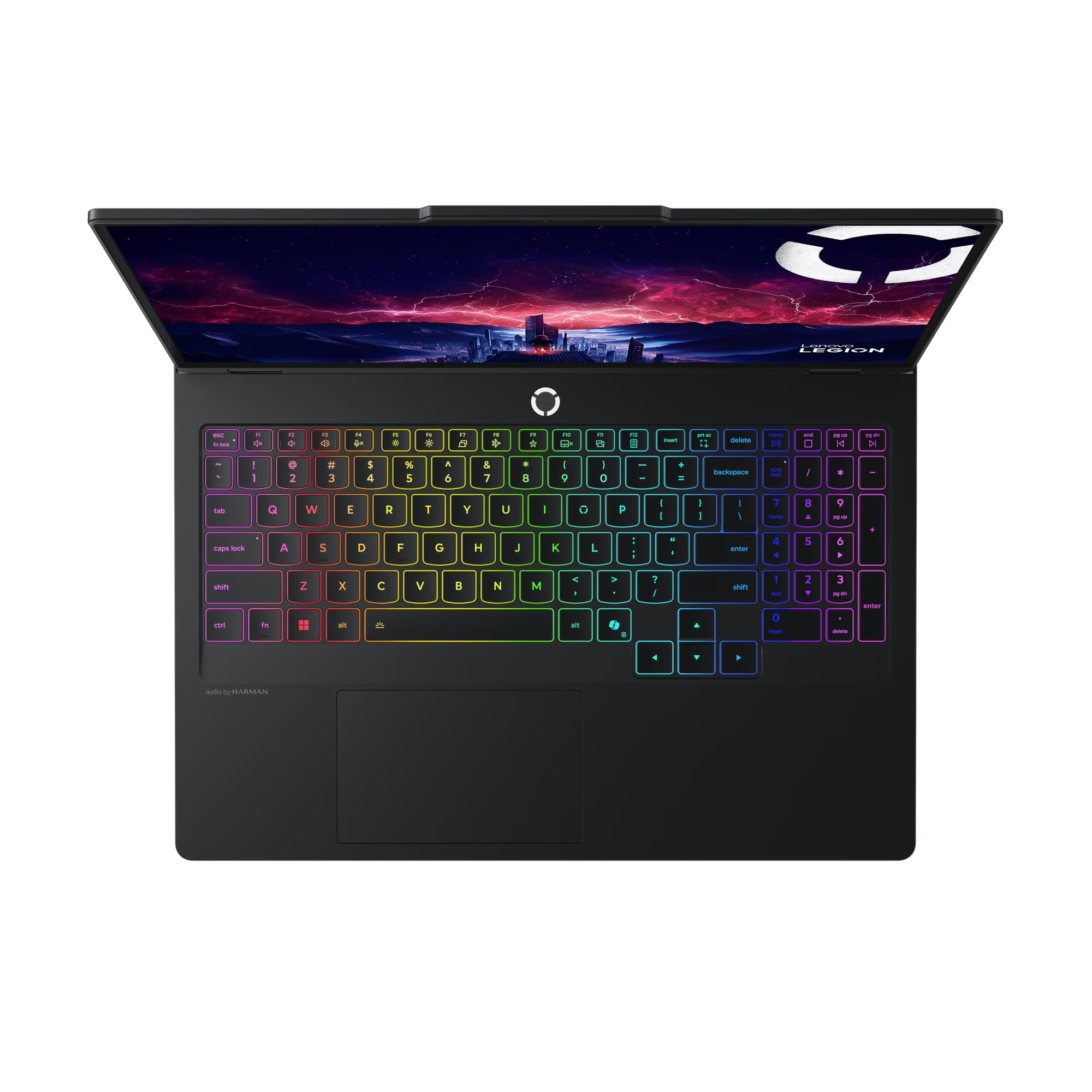 Un portátil negro con teclado retroiluminado RGB y fondo de pantalla de juegos, visto desde arriba.