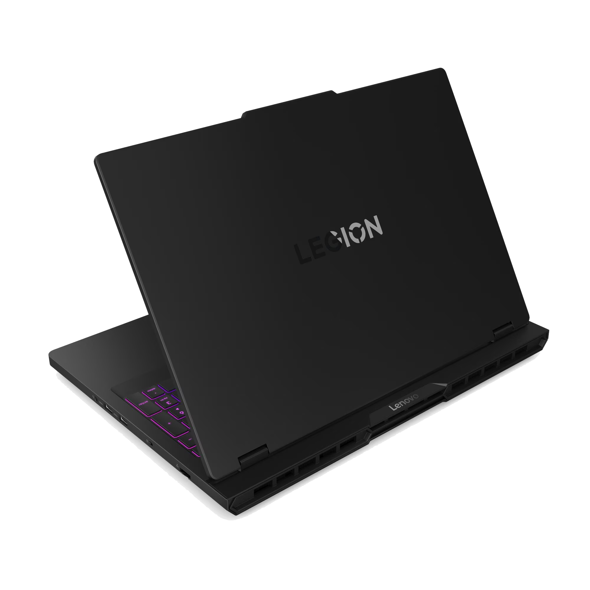Un portátil gaming Lenovo Legion negro visto desde atrás, mostrando el logo, las rejillas de ventilación y el teclado.