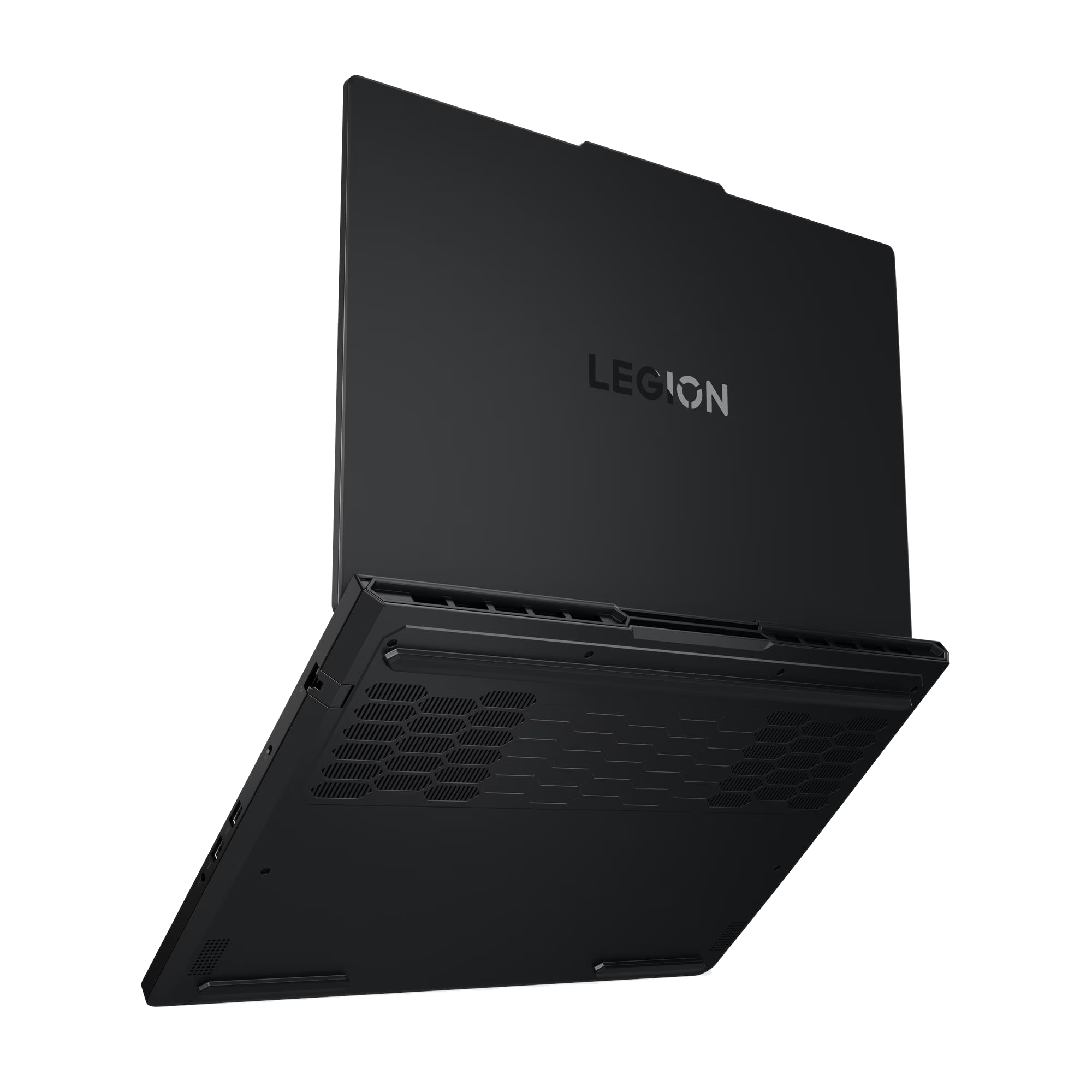 Vista trasera de un portátil gaming Lenovo Legion negro con el logotipo y rejillas de ventilación sobre fondo negro.