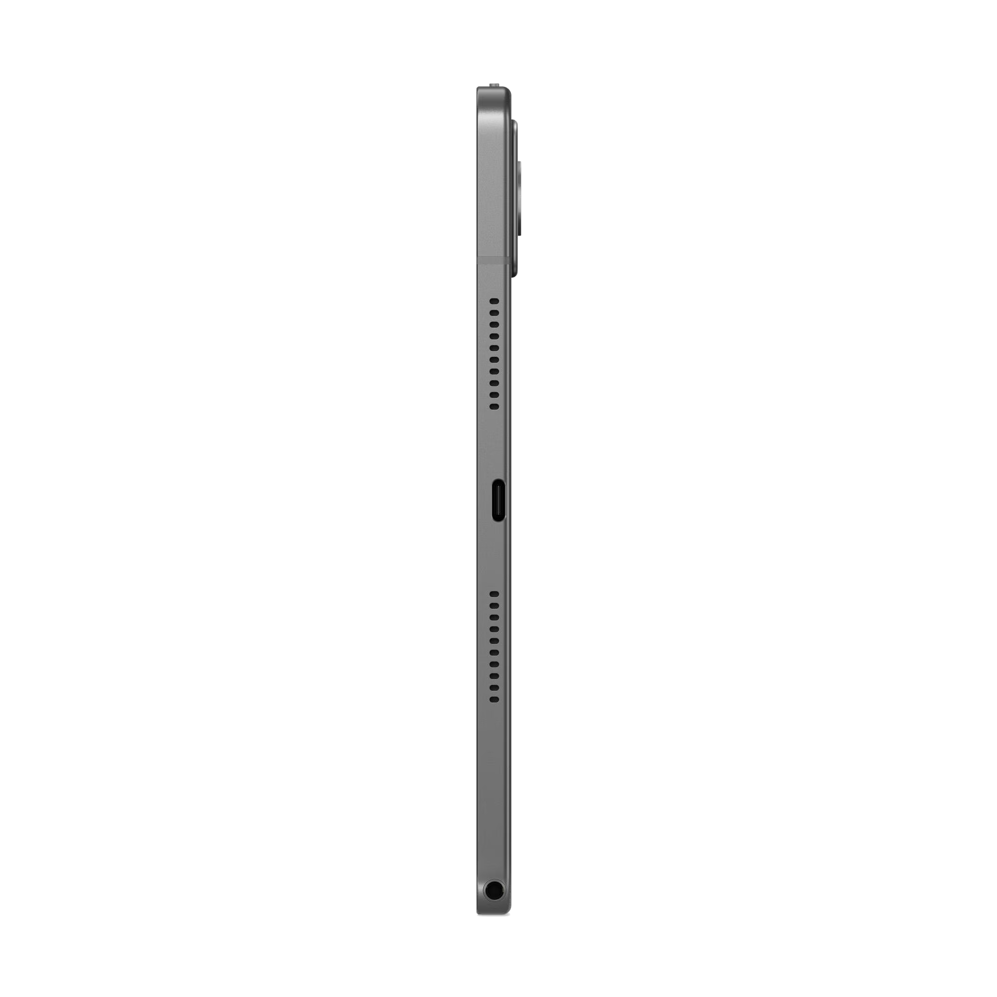 Vista lateral de una tableta delgada y gris con puerto USB-C y altavoces sobre un fondo negro.