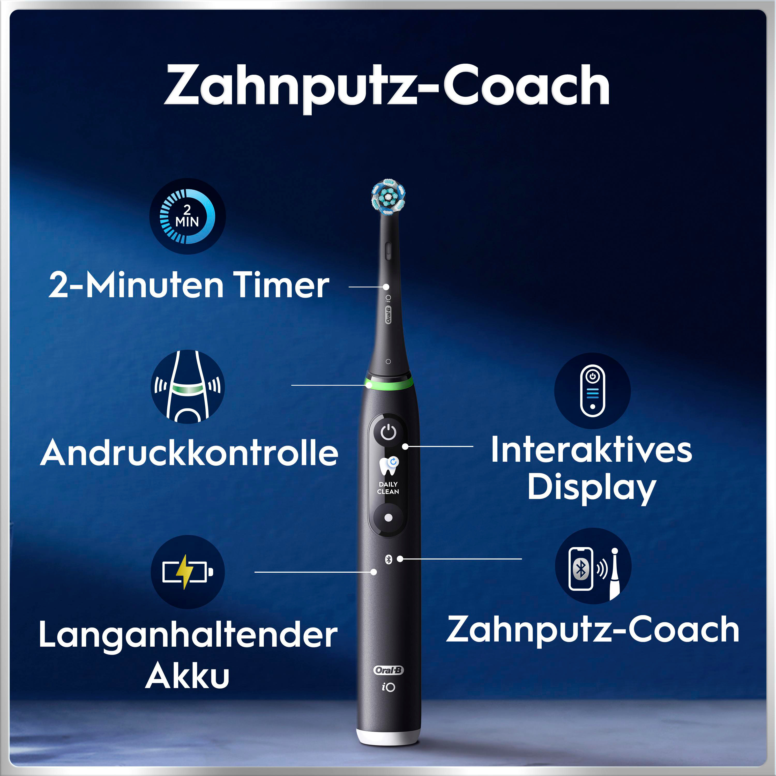 Schwarze Oral-B elektrische Zahnbürste mit Icons und Beschriftung der Funktionen vor blauem Hintergrund.