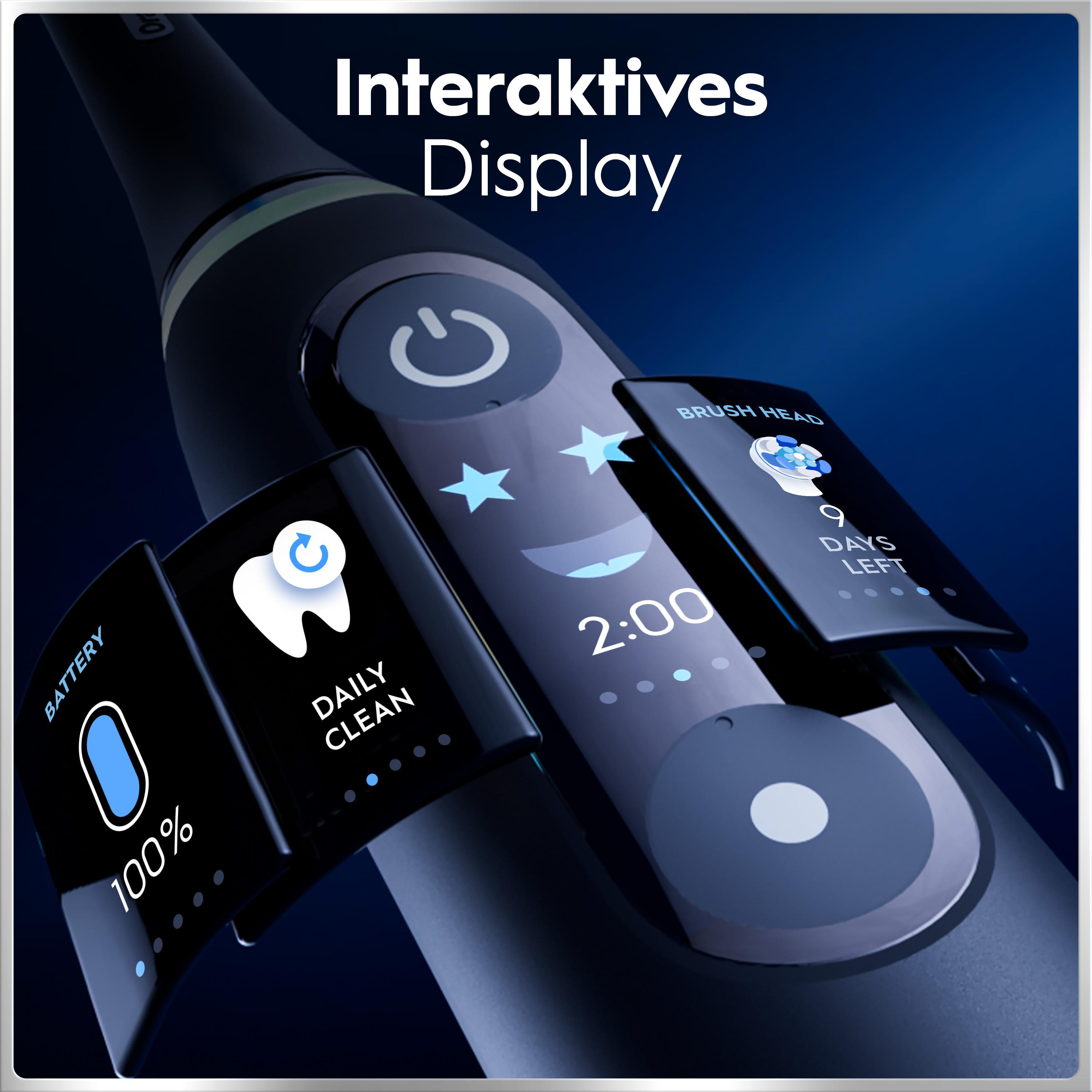 Eine schwarze elektrische Zahnbürste zeigt auf ihrem interaktiven Display den Batteriestand, Modus und mehr an.