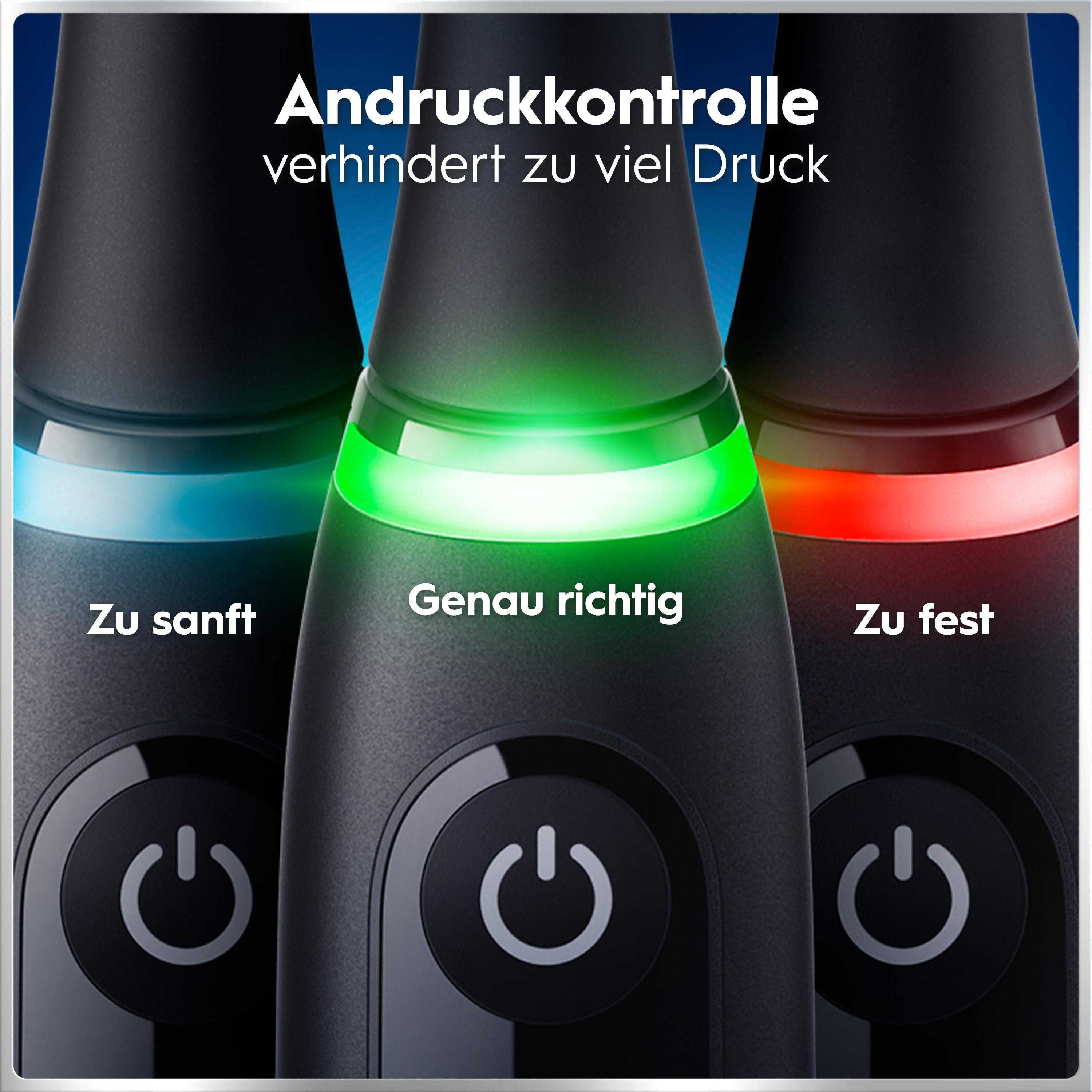 Drei schwarze Zahnbürsten mit Andruckkontrolle: blau zu sanft, grün richtig, rot zu fest.