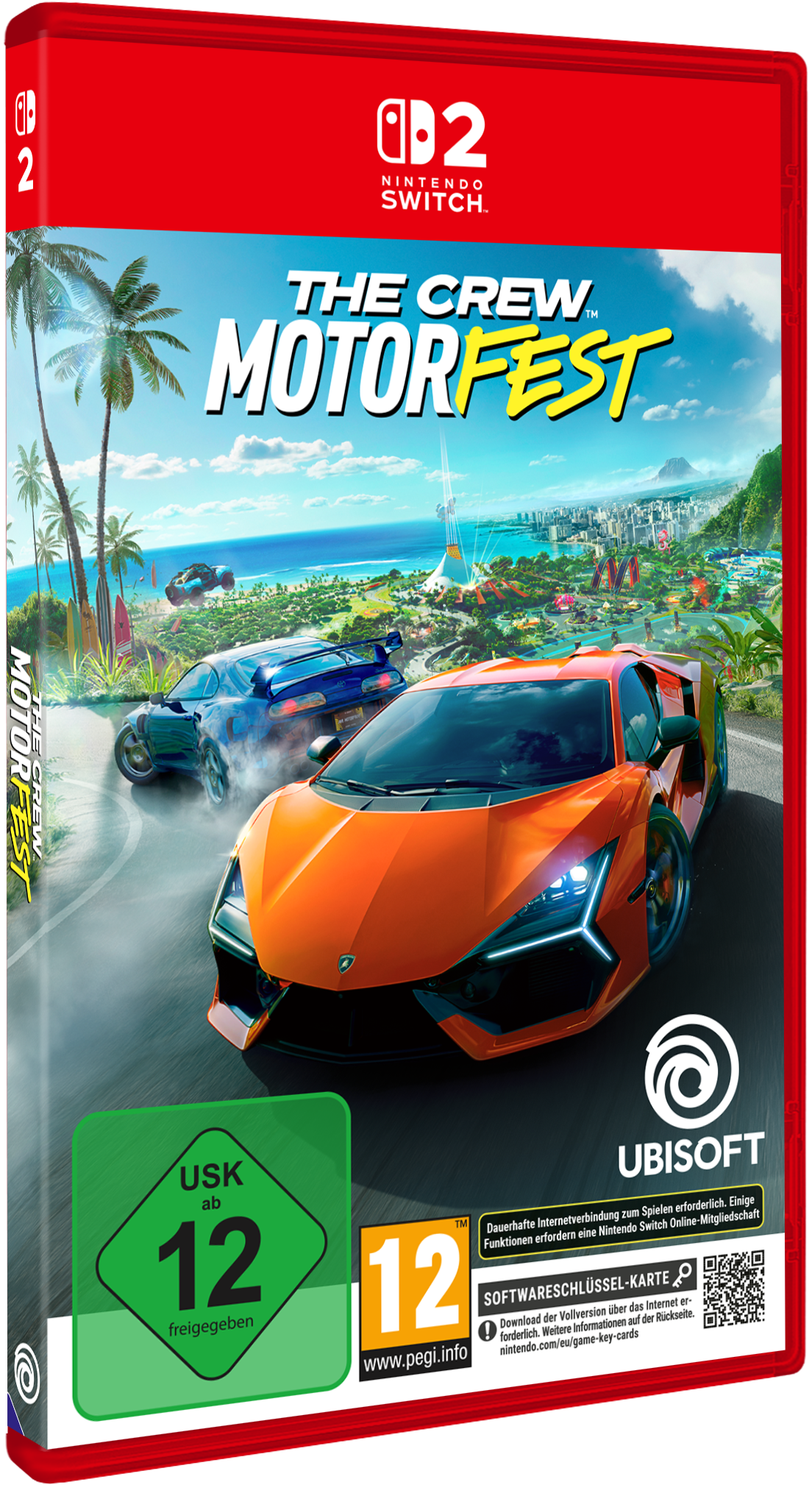 Nintendo Switch 2 Hülle für The Crew Motorfest mit Rennwagen vor tropischer Kulisse und USK 12 Kennzeichnung.