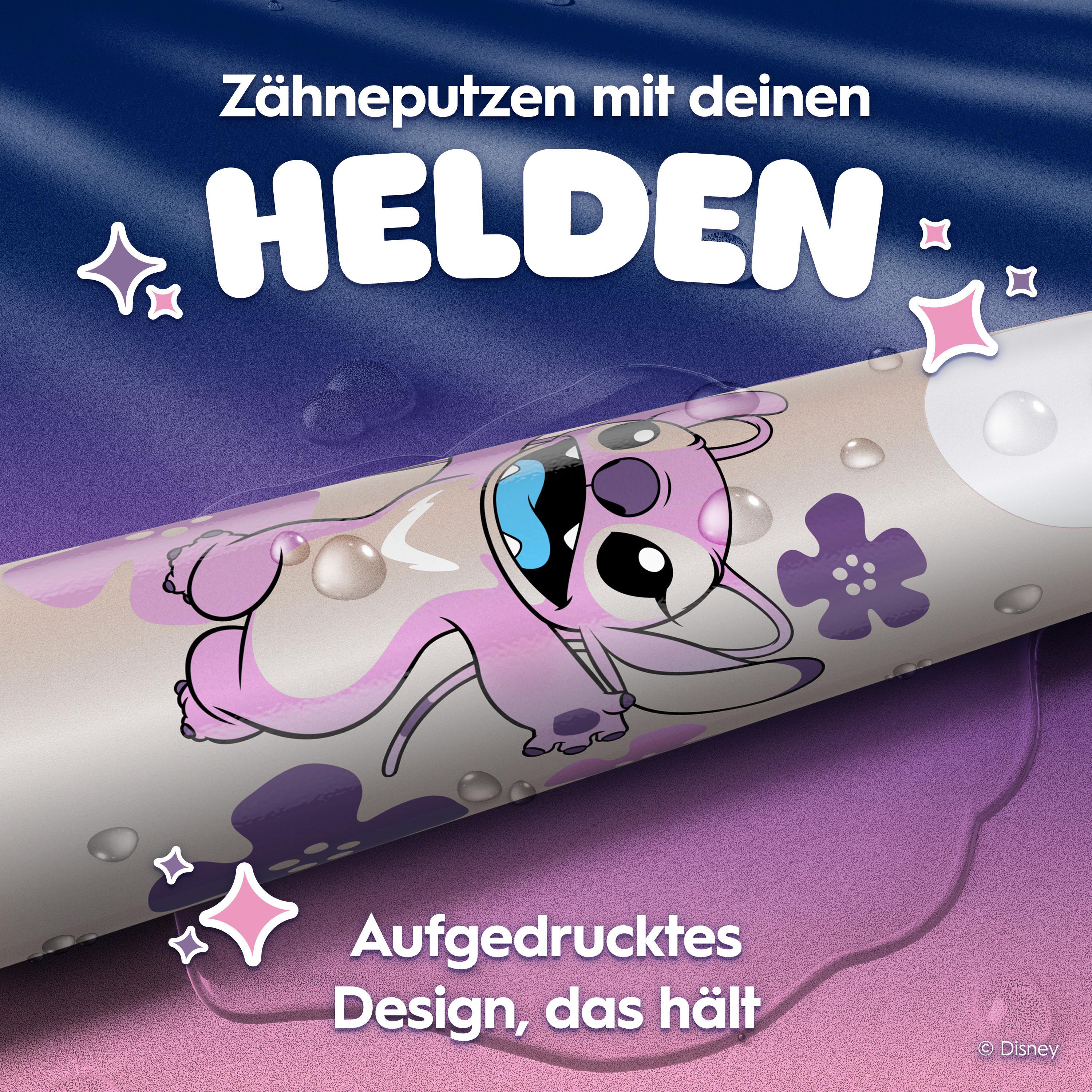 Eine elektrische Zahnbürste mit Stitch-Design und den Texten Zähneputzen mit deinen HELDEN und Aufgedrucktes Design, das hält.