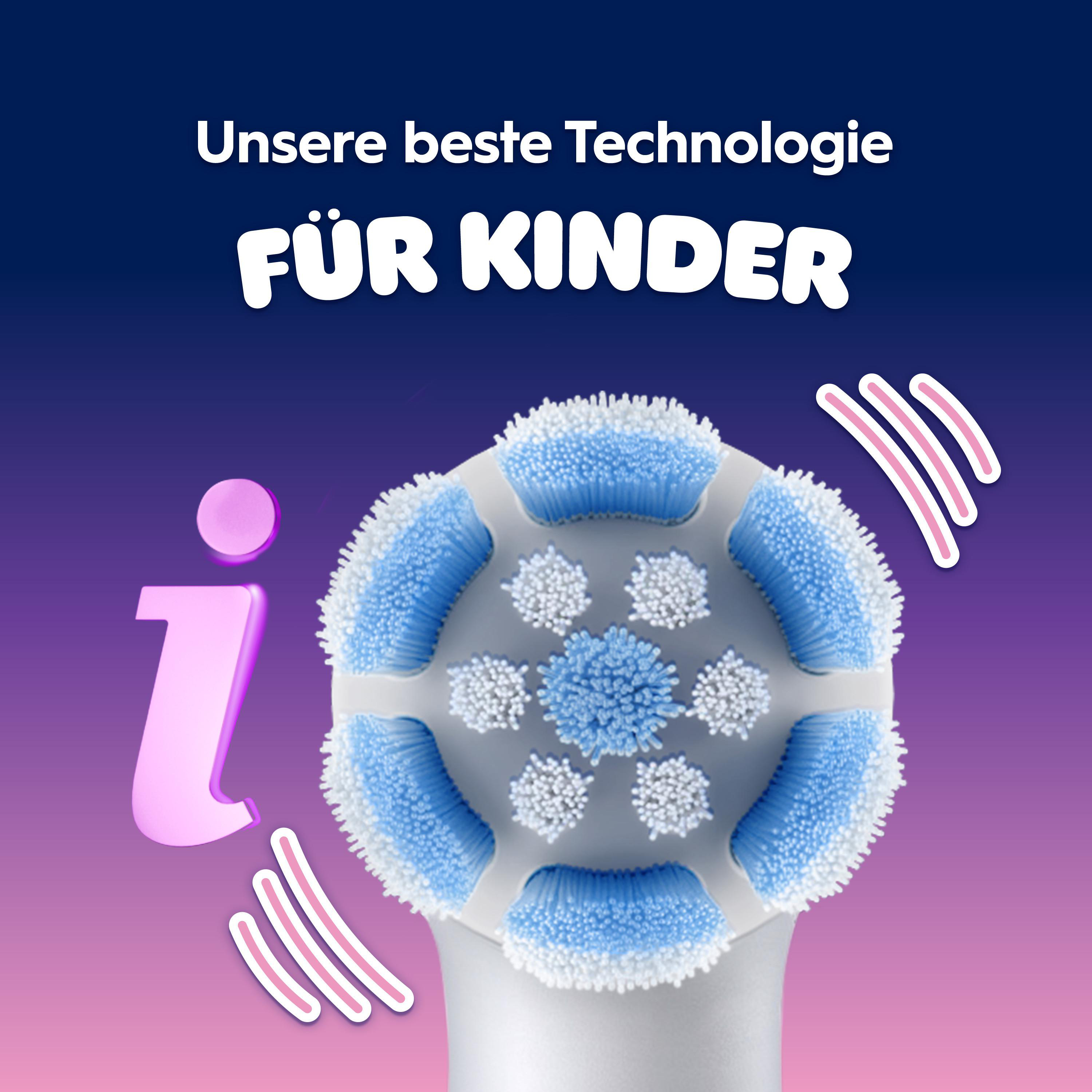 Ein blau-weißer Kinder-Zahnbürstenkopf mit deutschem Text auf Farbverlauf.