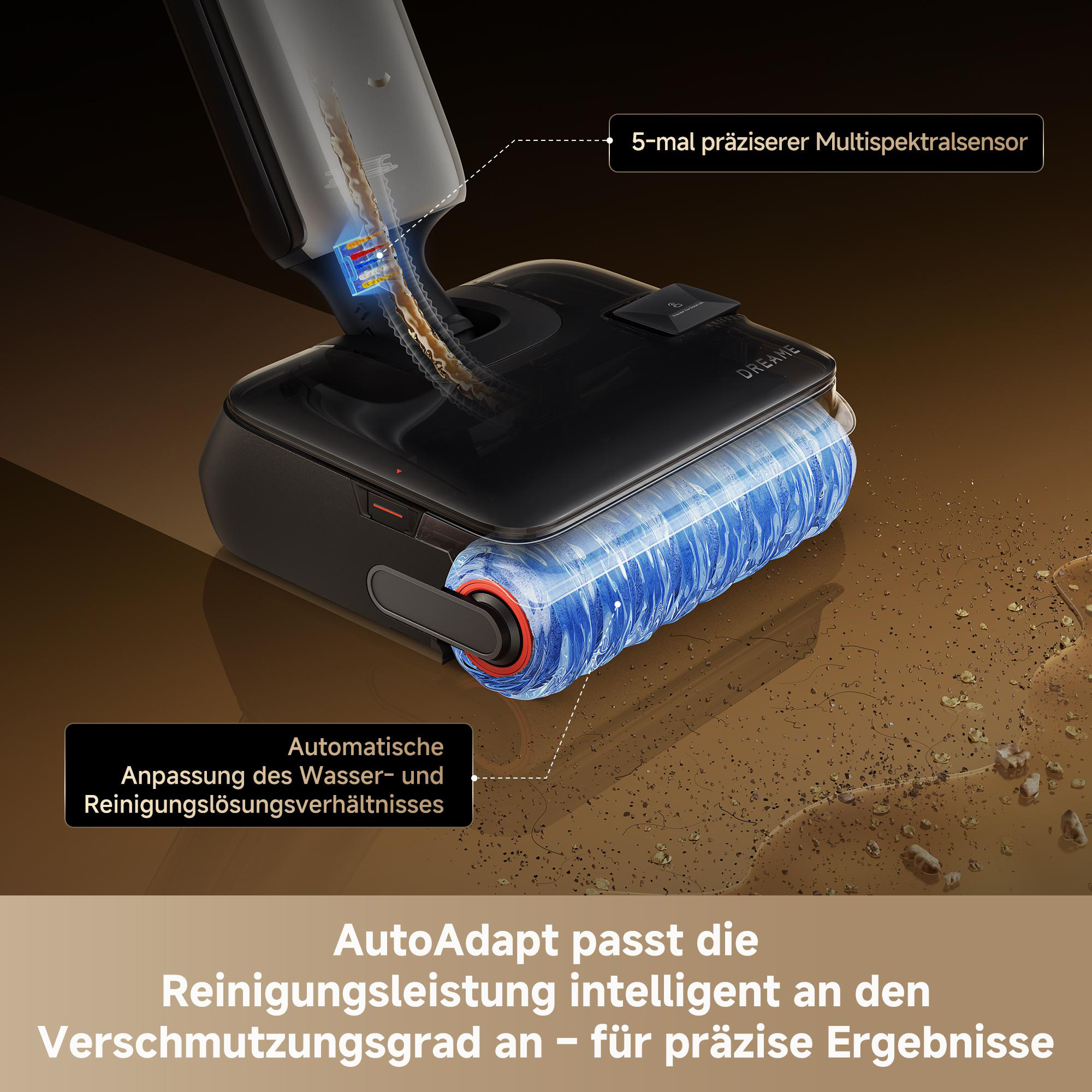 Ein schwarzer Staubsaugerkopf mit blauer Walze wischteinen schmutzigen Boden und zeigt multispektrale Sensoren.