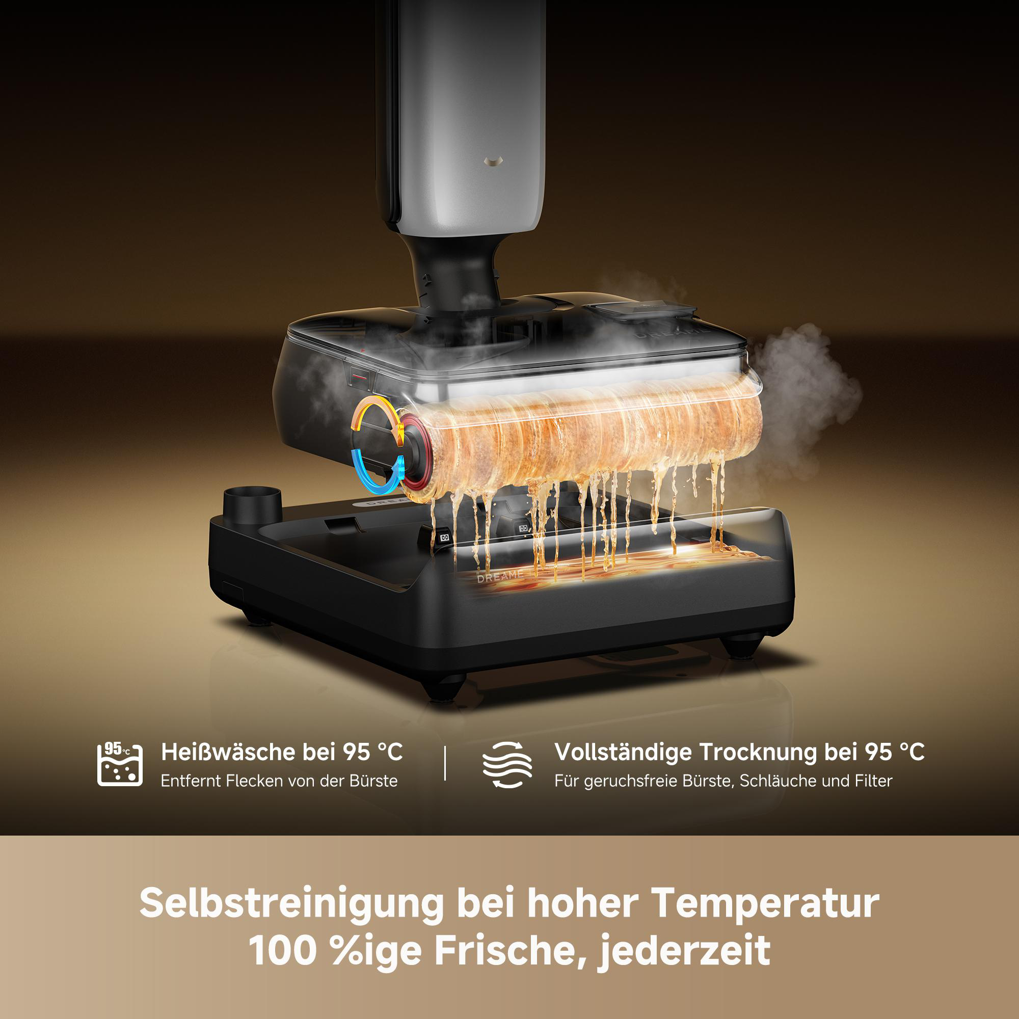 Eine schwarze Saugstation reinigt ihre Rolle mit heißem Wasser und Dampf und zeigt Selbstreinigungsfunktionen.