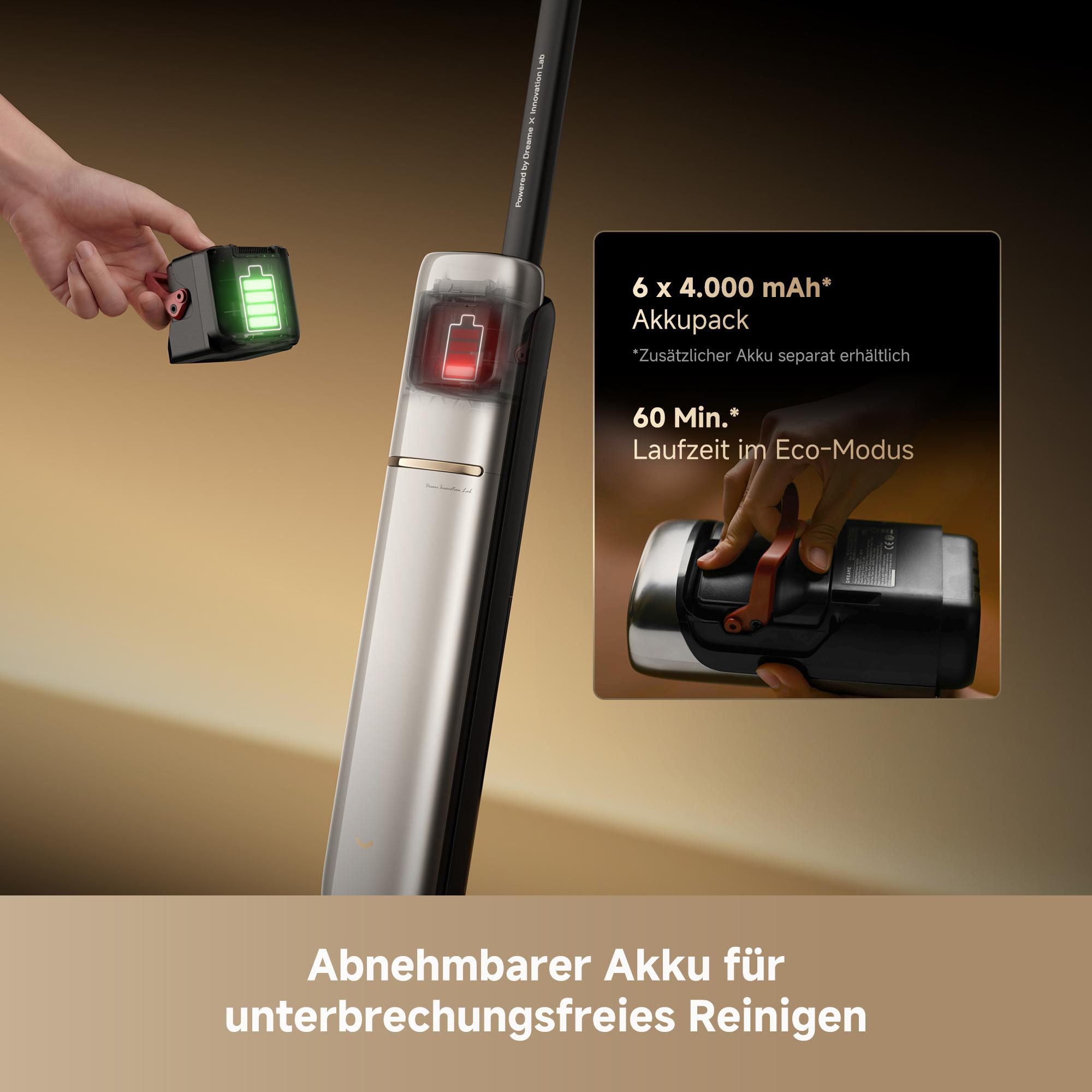 Abnehmbarer Akku für unterbrechungsfreies Reinigen mit 60 Minuten Laufzeit.