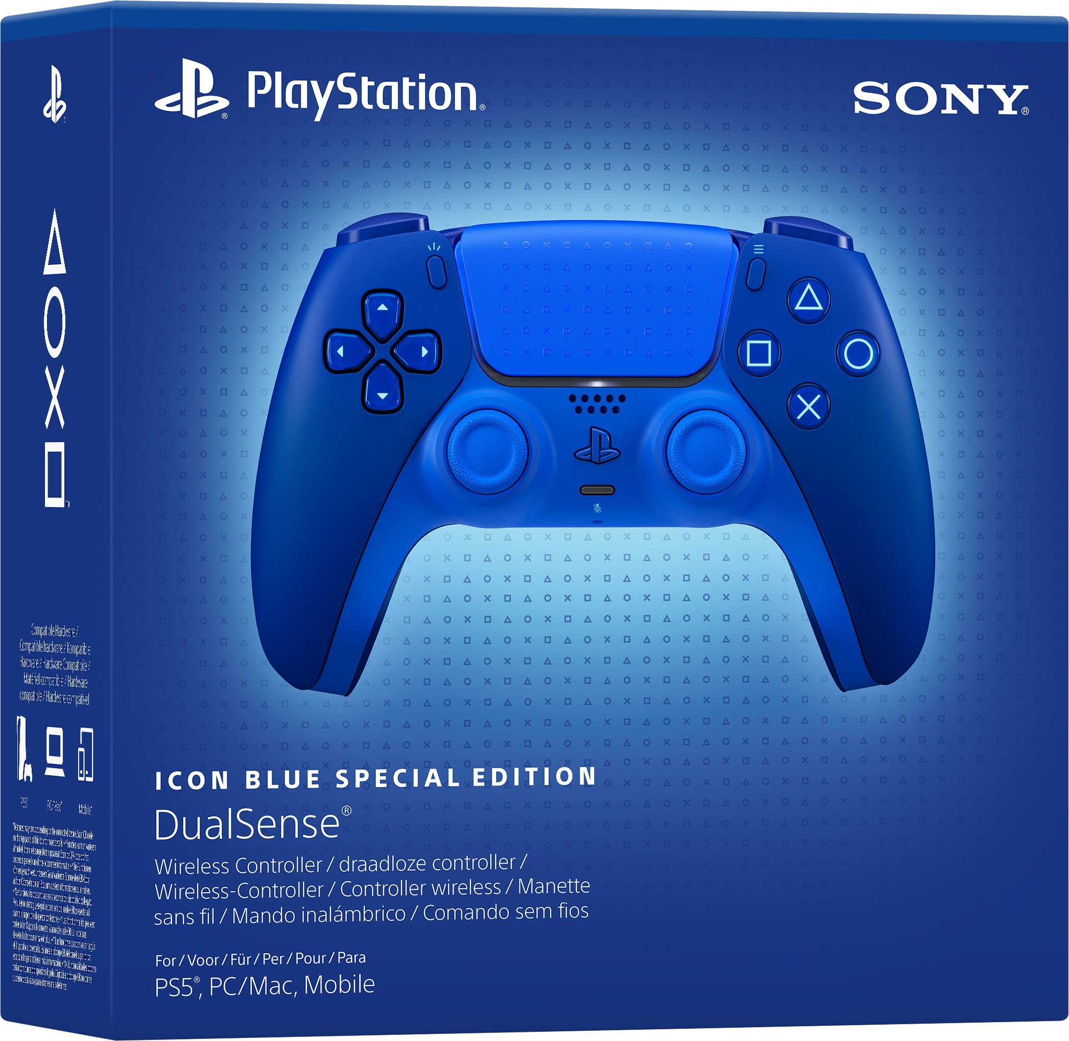 Blaue PlayStation DualSense Wireless-Controller Special Edition in der Verpackung.