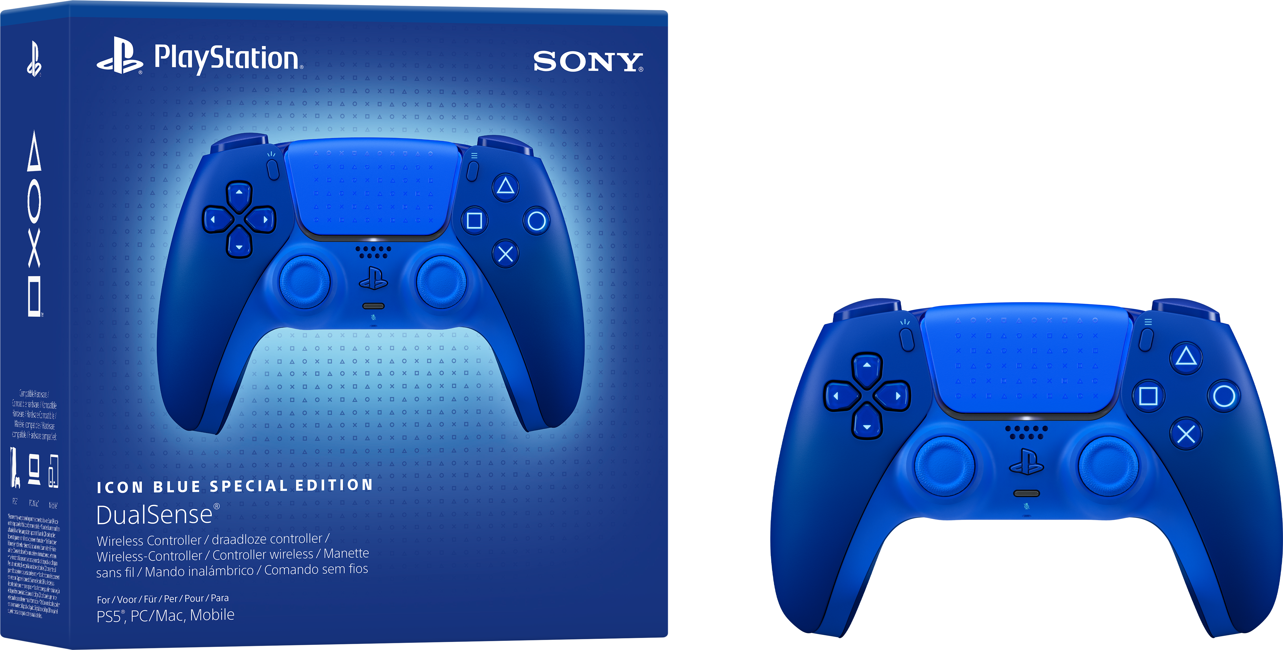 Eine blaue PlayStation DualSense Controller Edition mit Verpackung und Symbolmuster.