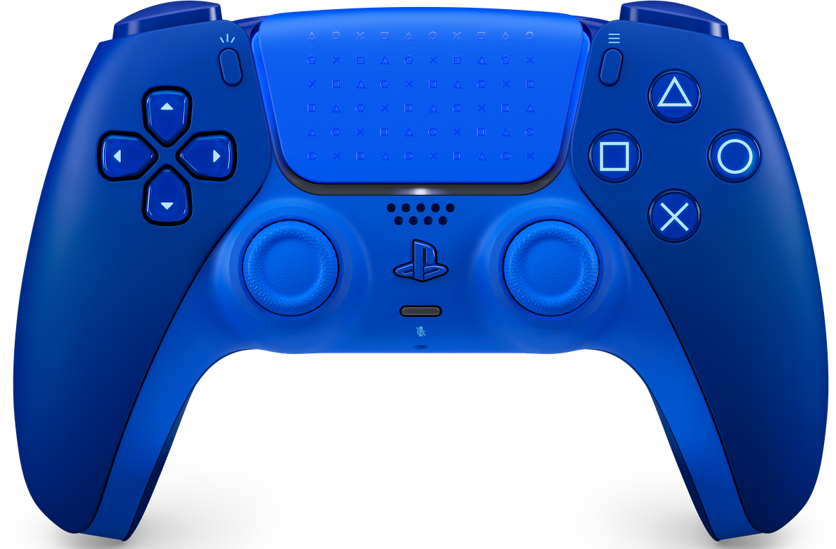 Ein blauer PlayStation DualSense Wireless-Controller vor schwarzem Hintergrund.