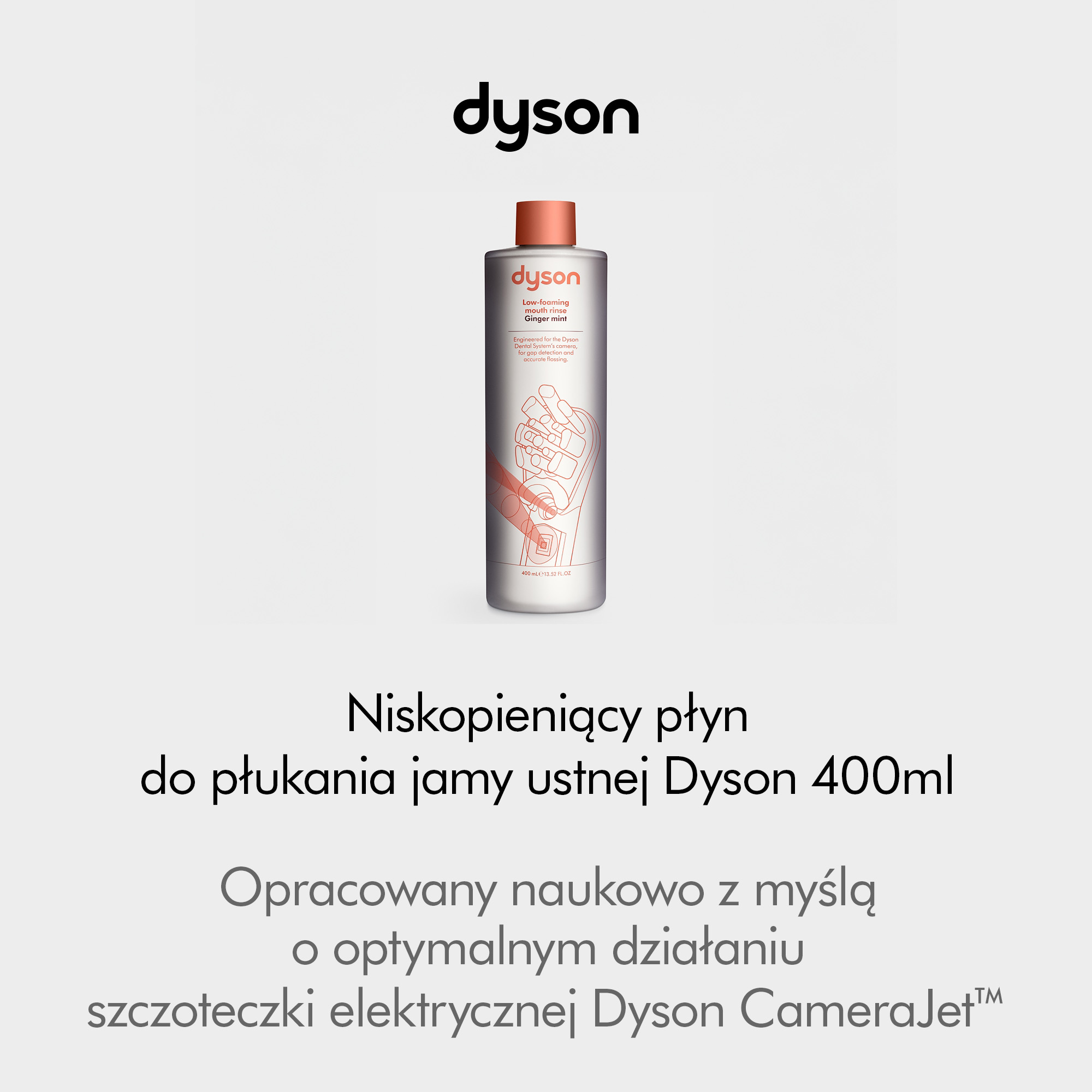 Butelka płynu do płukania jamy ustnej Dyson 400ml z miedzianą nakrętką na jasnym tle z polskim tekstem.