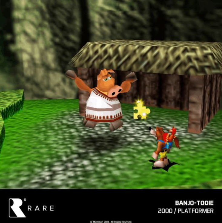 Banjo und Kazooie treffen ein Wildschwein vor einer Holzhütte in einer grünen Landschaft.