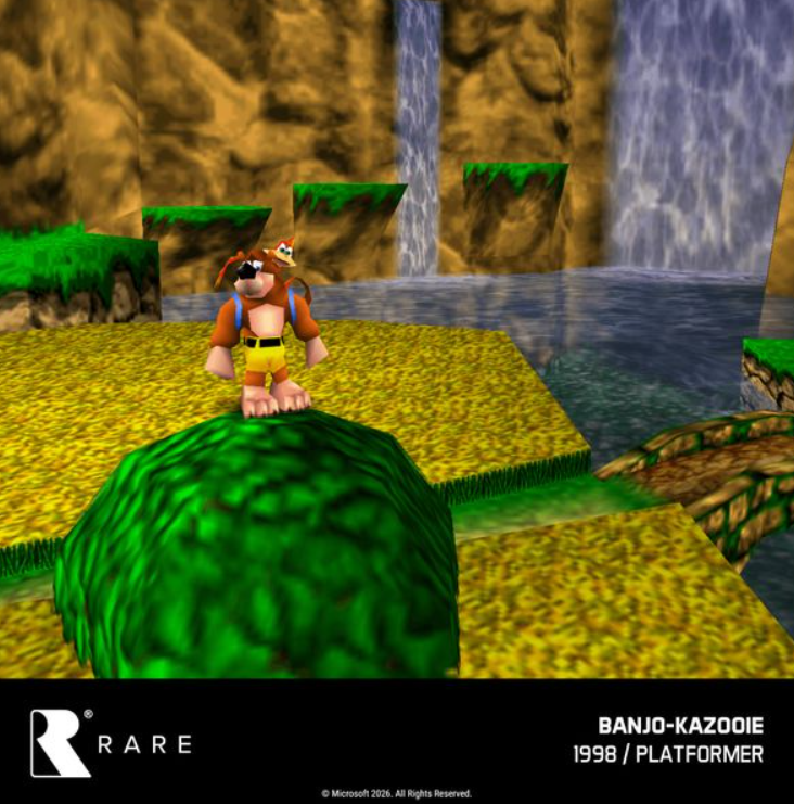 Banjo und Kazooie stehen auf einem grünen Hügel in einer Canyon-Landschaft mit Wasserfällen.
