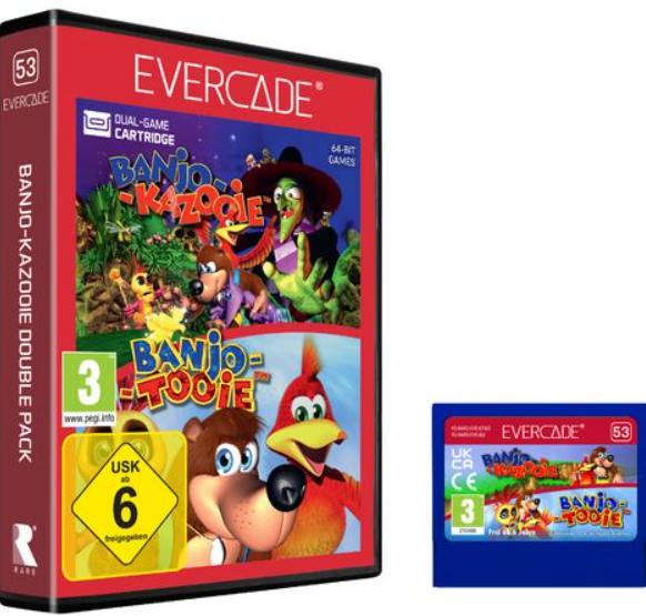 Evercade-Spielhülle und blaue Spielkassette mit Banjo-Kazooie-Motiv.